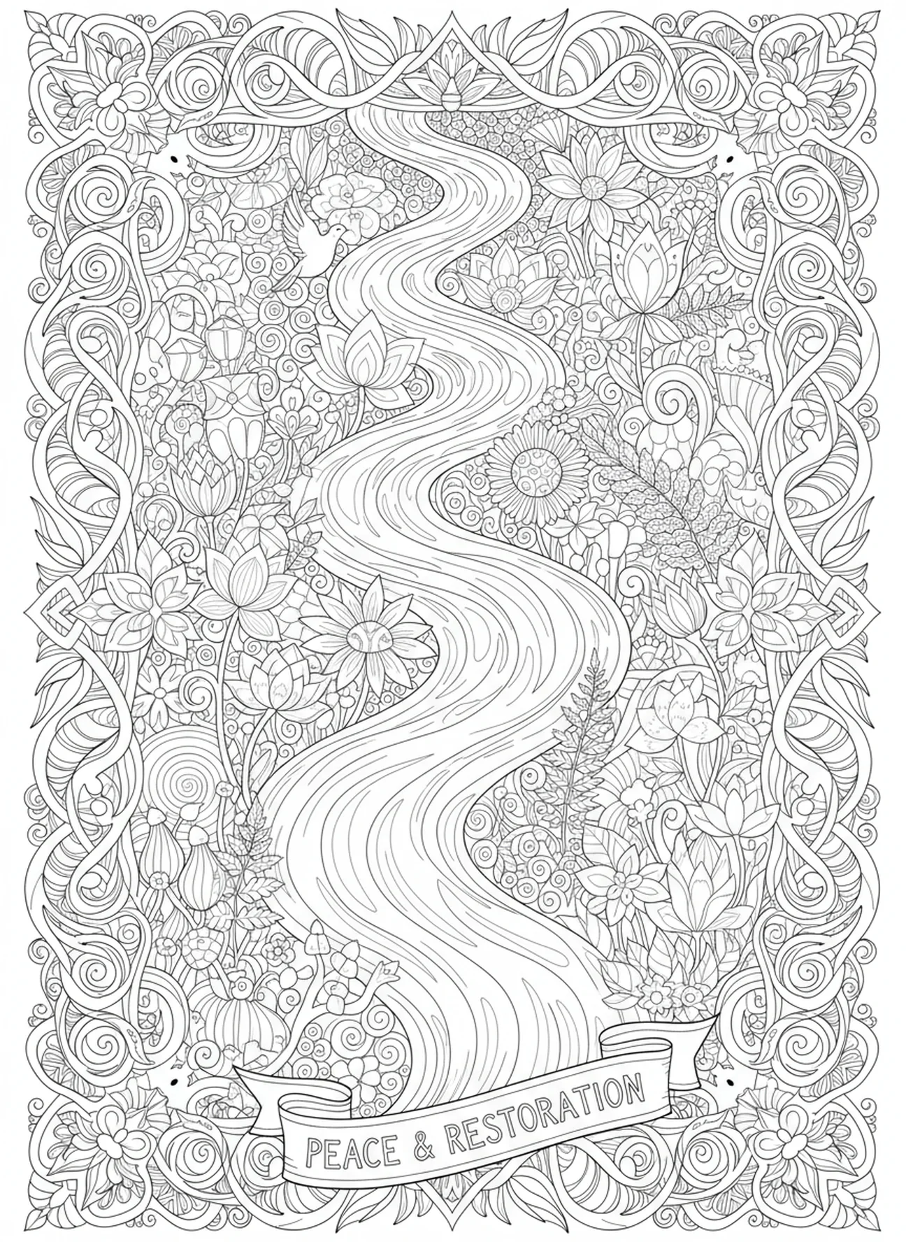 Sanfter Bach, Psalm 23,4 Ausmalbild für Erwachsene im Bibel-Journaling-Stil
