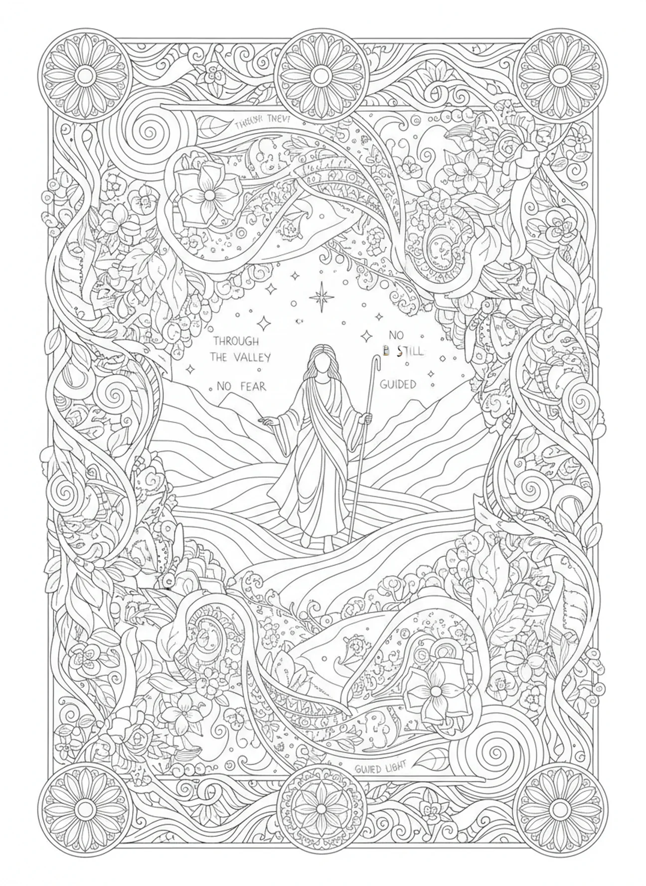 Figur im Tal, Psalm 23,4 Ausmalbild für Erwachsene im Bibel-Journaling-Stil