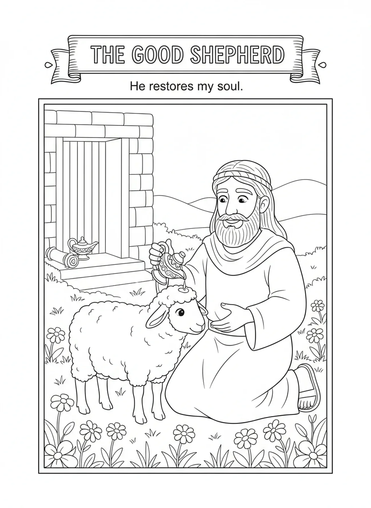 Pastor ungido oveja, página para colorear Salmo 23:4 para niños de Escuela Dominical de 5 a 12 años.