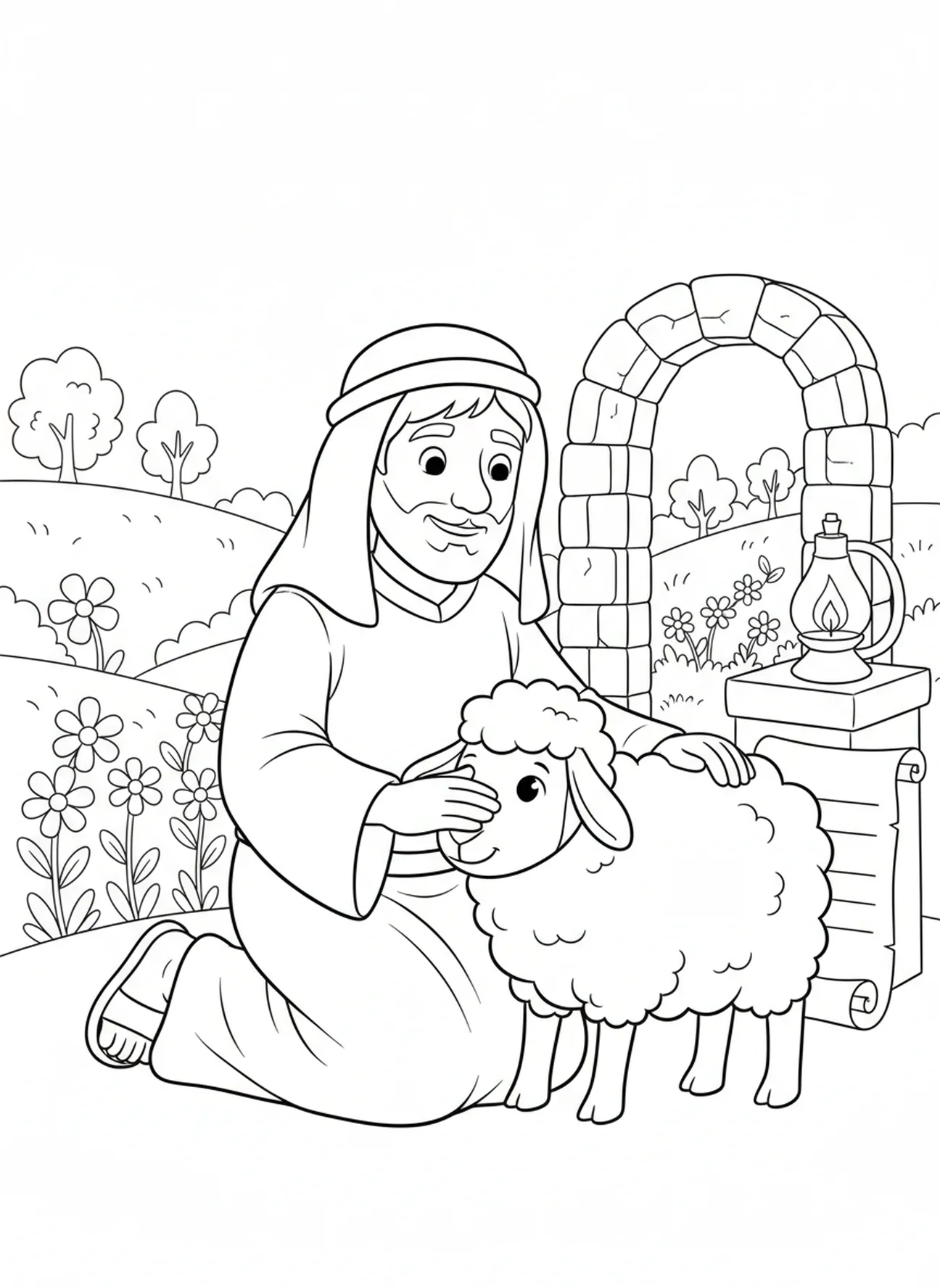 Pastor consolando ovejas, página para colorear Salmo 23:4 para niños de Escuela Dominical de 5 a 12 años.