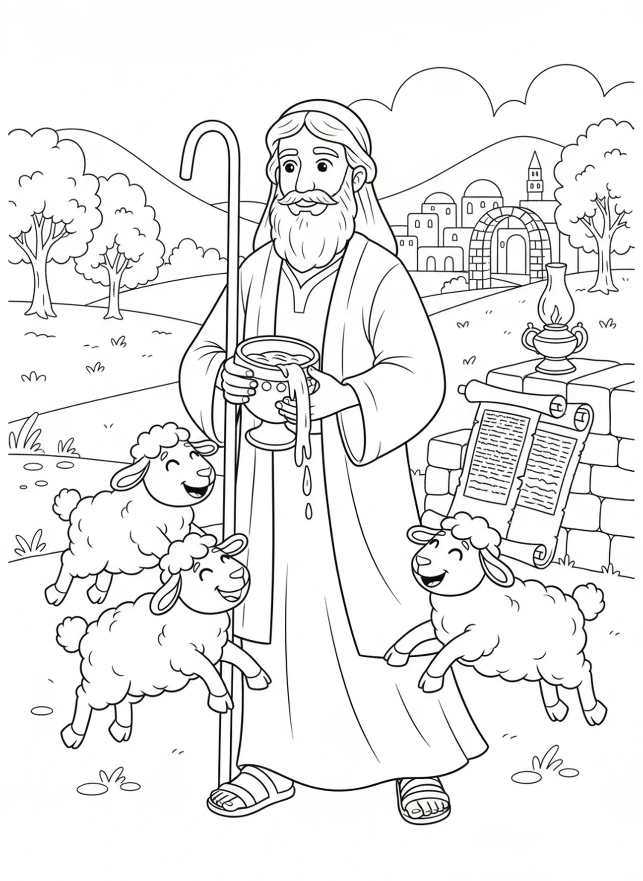 Pastor con copa rebosante, página para colorear Salmo 23:4 para niños de Escuela Dominical de 5 a 12 años.