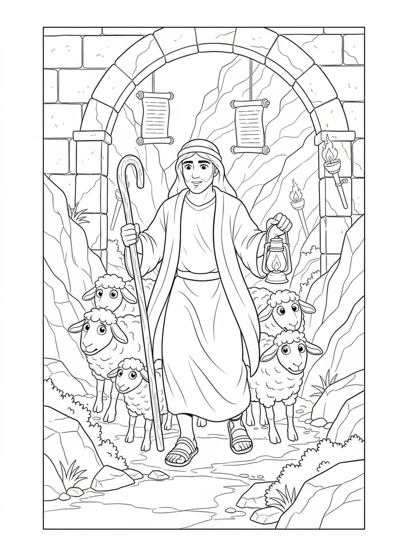 Pastor en el valle oscuro, página para colorear Salmo 23:4 para niños de Escuela Dominical de 5 a 12 años.