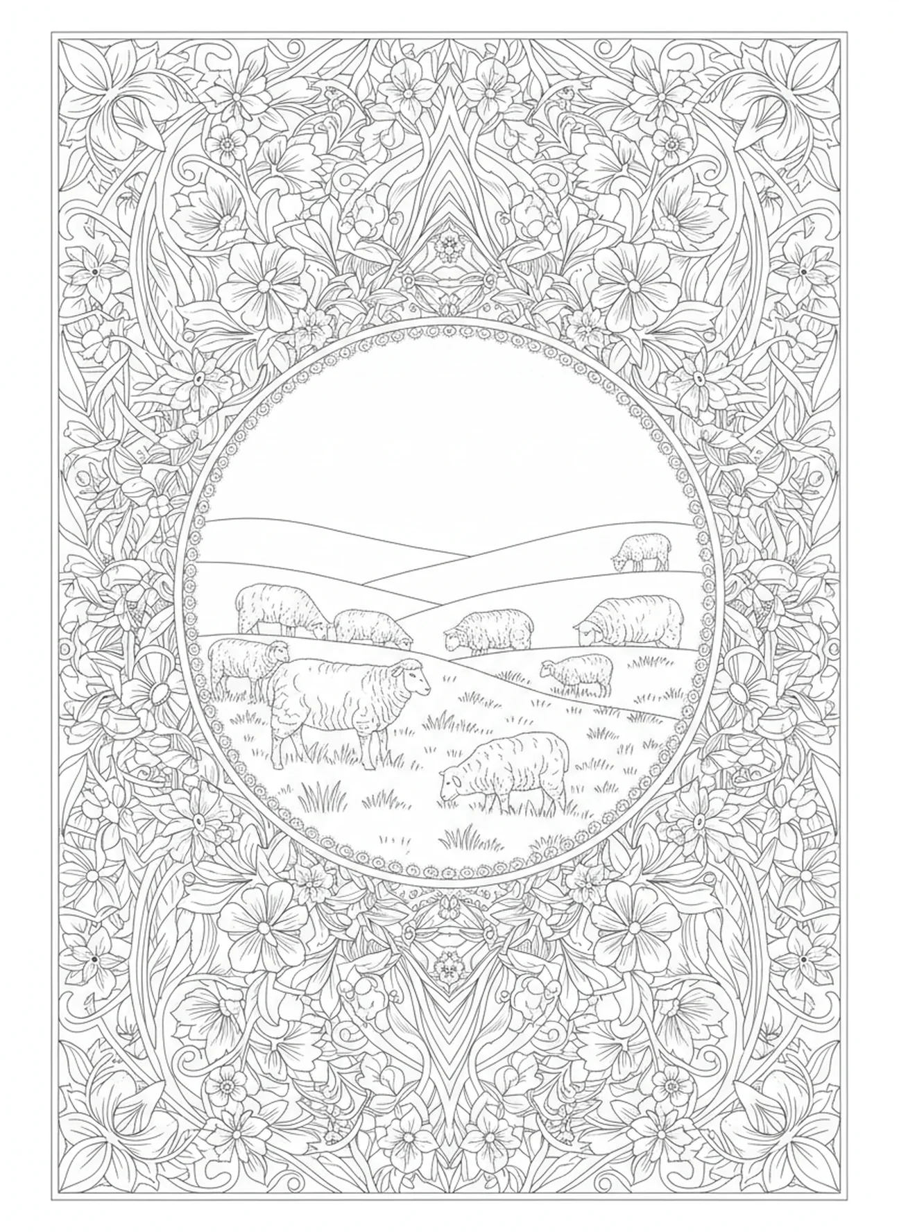 Tranquilos pastos verdes com ovelhas pastando, página para colorir Salmo 23:5 no estilo de journaling bíblico para adultos