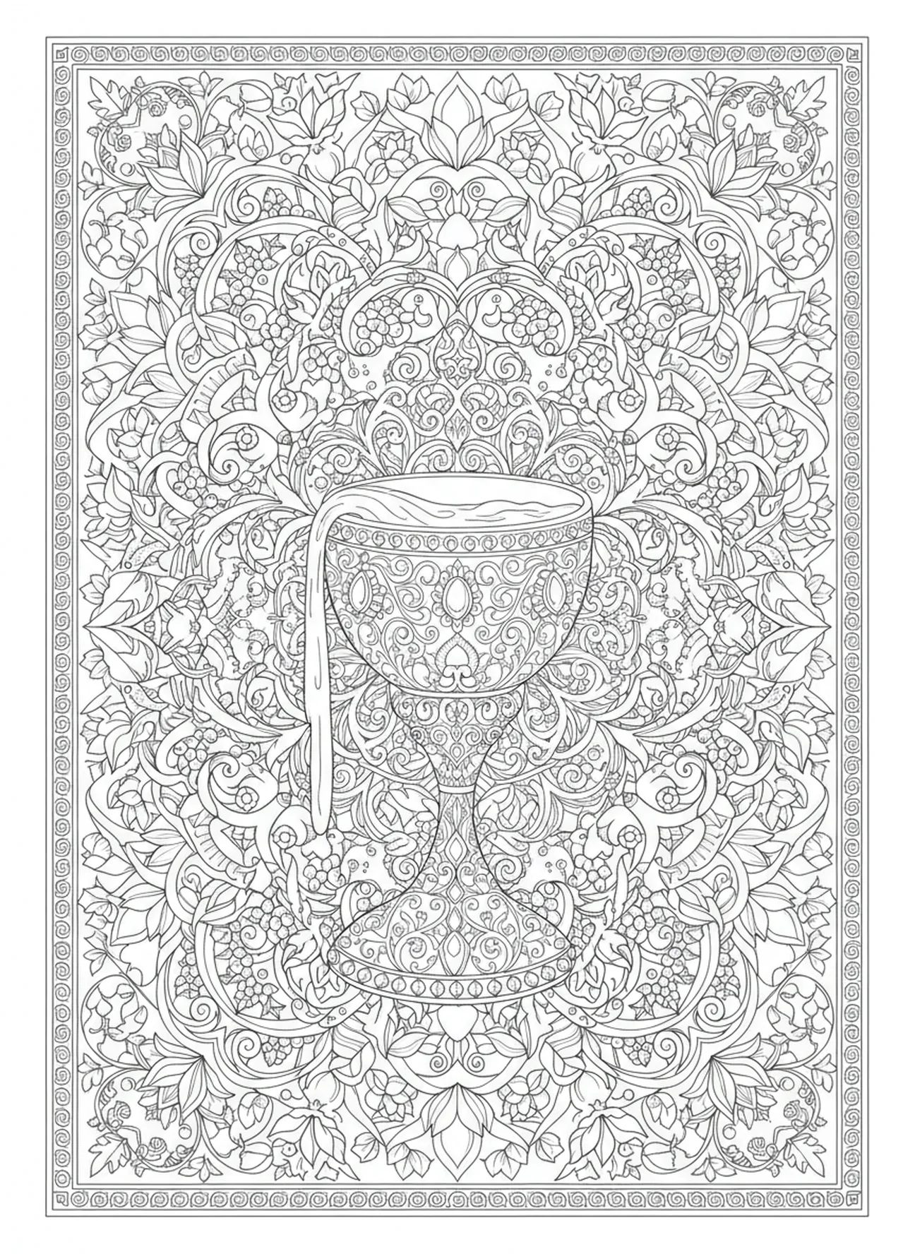 Cálice ornamentado transbordando vinho, página para colorir Salmo 23:5 no estilo de journaling bíblico para adultos