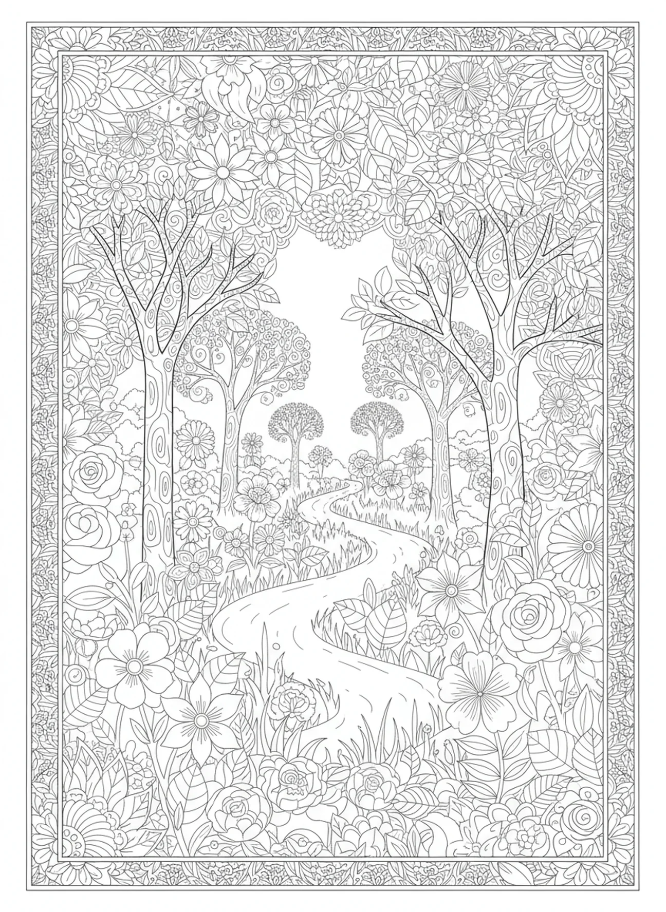 Caminho sinuoso através de uma paisagem serena com árvores e flores, página de colorir Salmo 23:5 para adultos no estilo de journaling bíblico