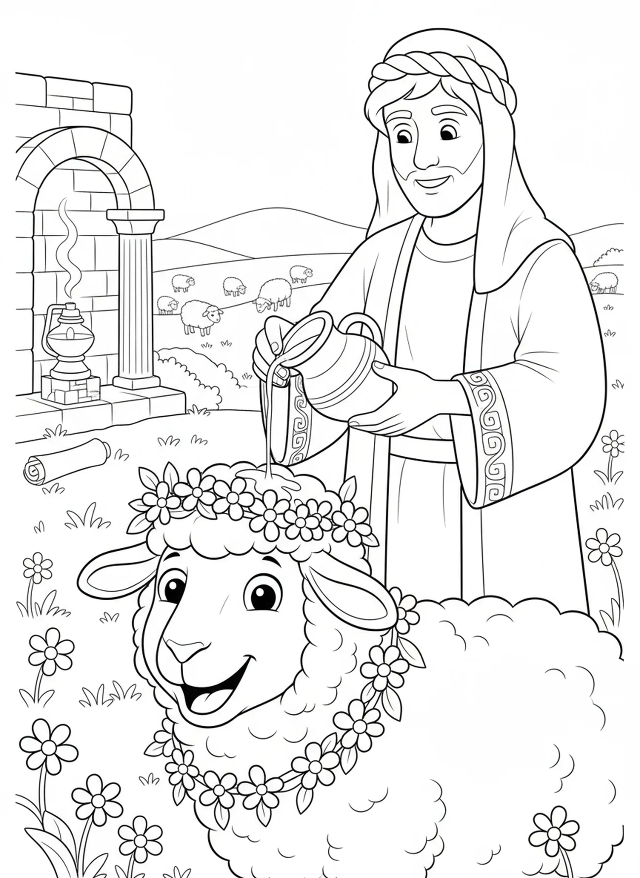 Ovelha abençoada com óleo, página para colorir Salmo 23:5 para crianças da Escola Dominical de 5 a 12 anos.