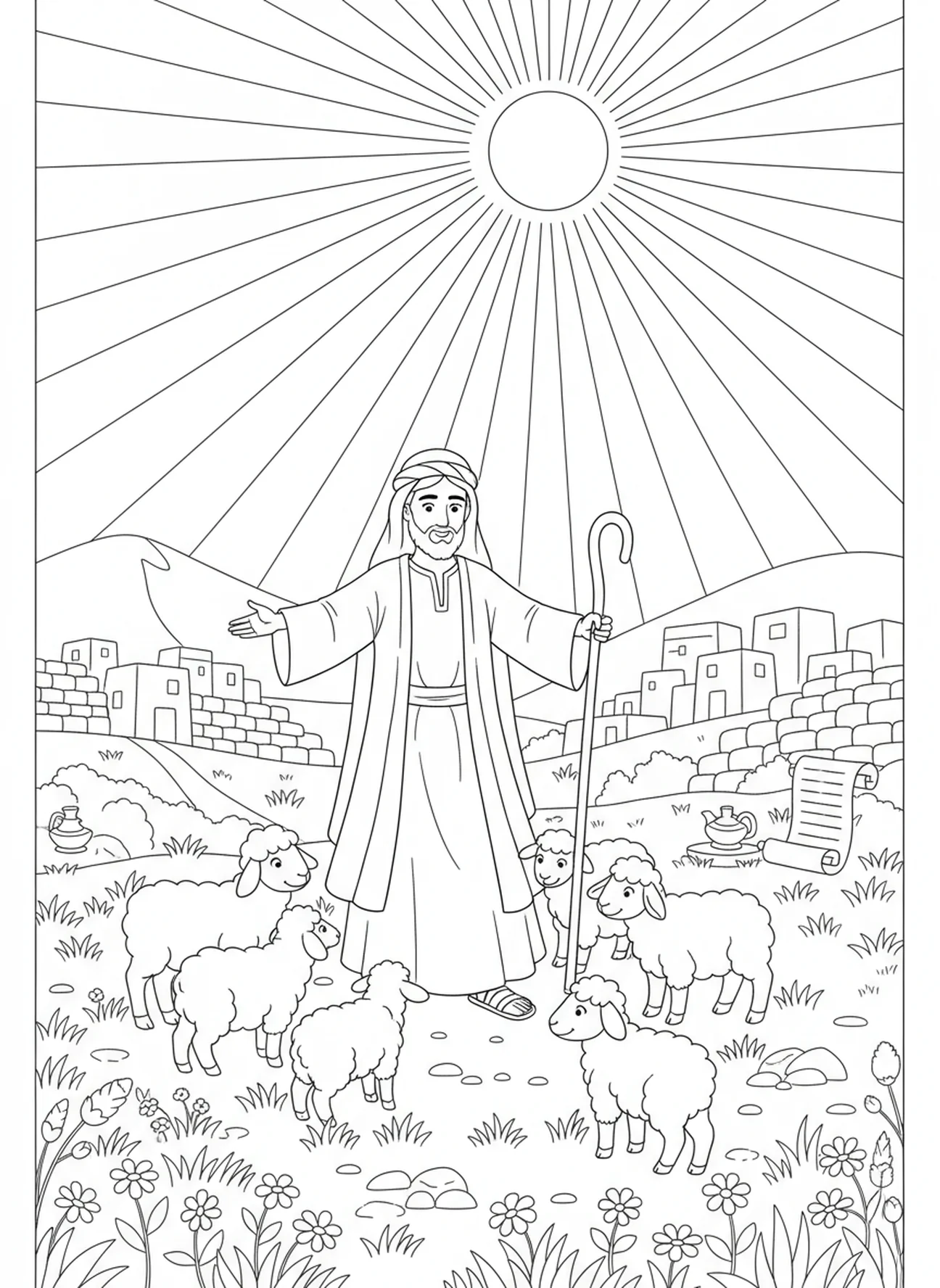 Pastor guardando o rebanho, página para colorir Salmo 23:5 para crianças da Escola Dominical de 5 a 12 anos.