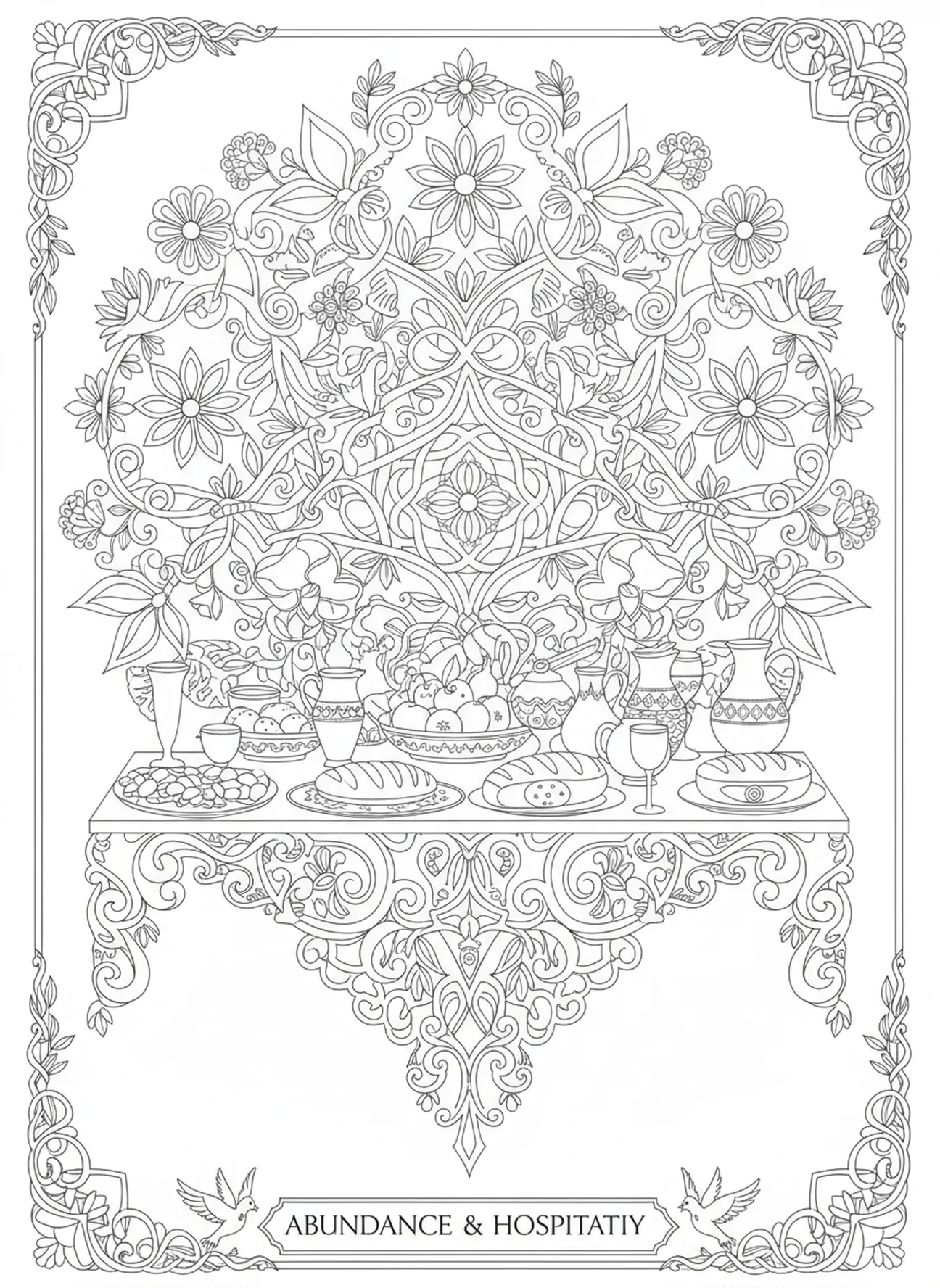 Table somptueuse avec nourriture et boisson, Psaume 23:6 page à colorier sur la bonté et la miséricorde pour adultes, style de journal biblique