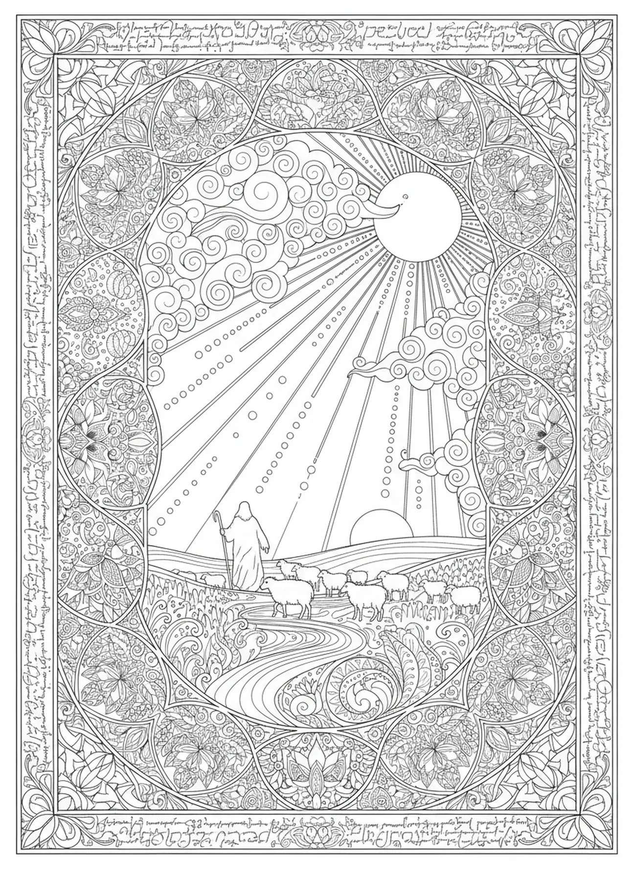 Hirte und Schafe gehen in den Sonnenuntergang, Psalm 23 Hirte Ausmalbild für Erwachsene im Bibel-Journaling-Stil.