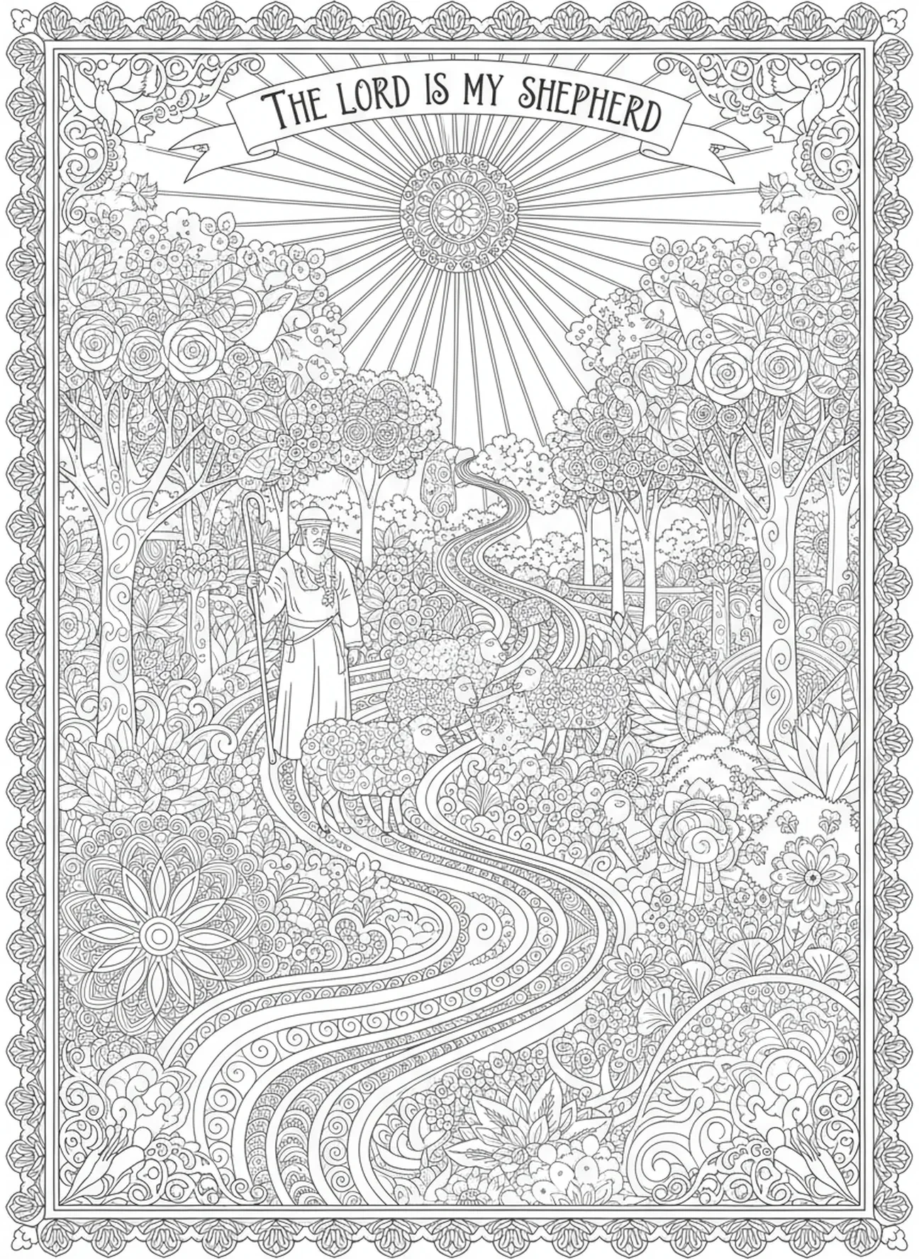 Hirte führt Schafe auf einem Weg, Psalm 23 Hirte Ausmalbild für Erwachsene im Stil des Bibel-Journaling.