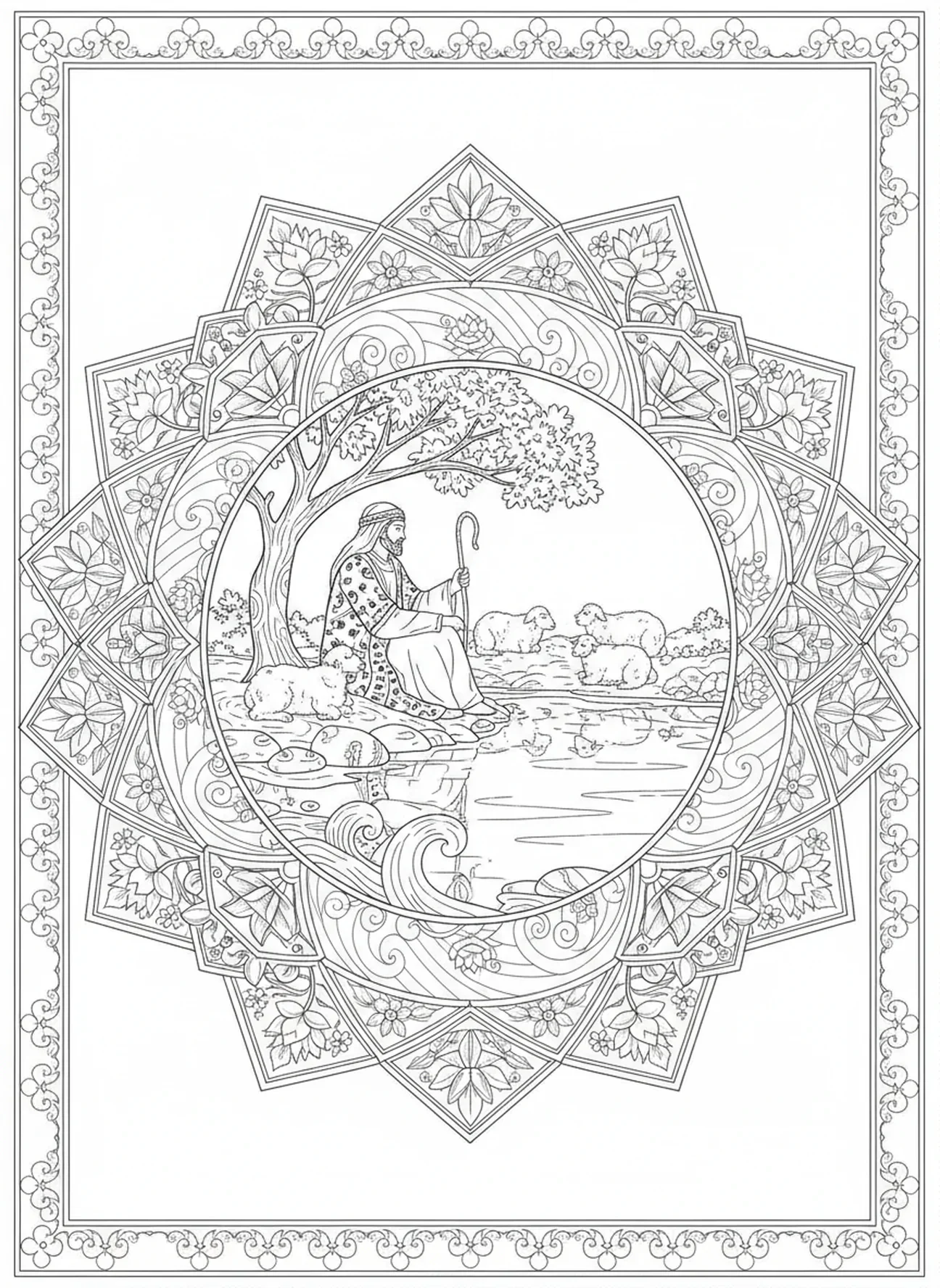 Hirte und Schafe an stillen Wassern, Psalm 23 Hirte Ausmalbild für Erwachsene im Bibel-Journaling-Stil.