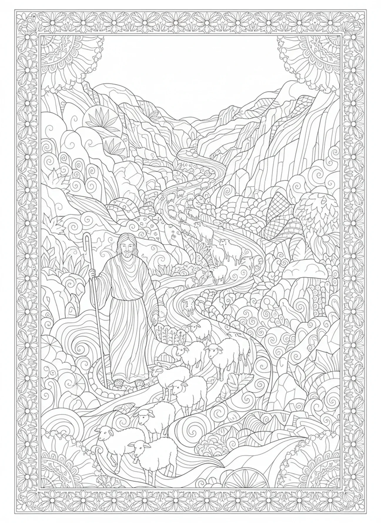 Hirte und Schafe im schattigen Tal, Psalm 23 Hirten Ausmalbild für Erwachsene im Stil des Bibel-Journalings.