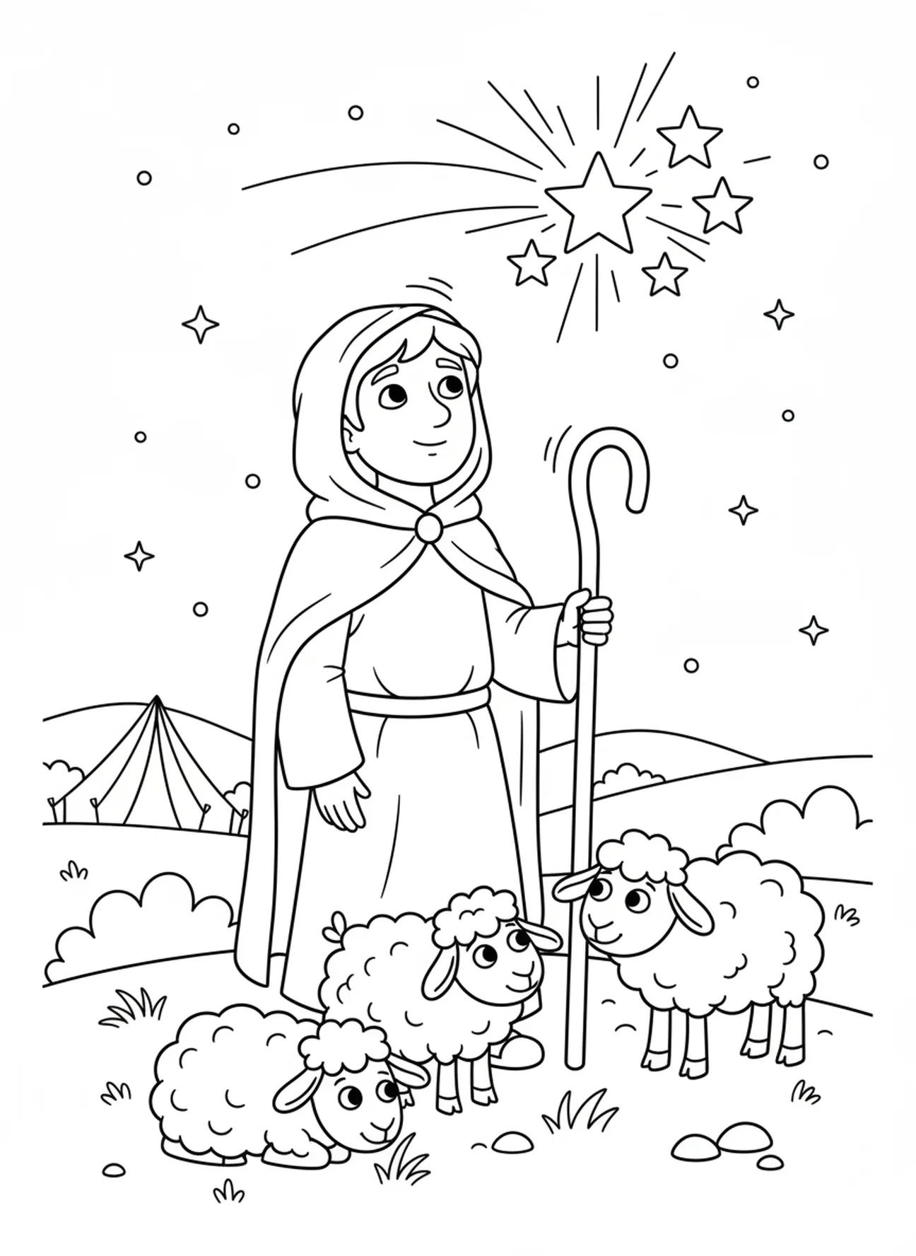 Berger veillant sur ses moutons la nuit, page à colorier du Psaume 23 pour enfants de 5 à 10 ans