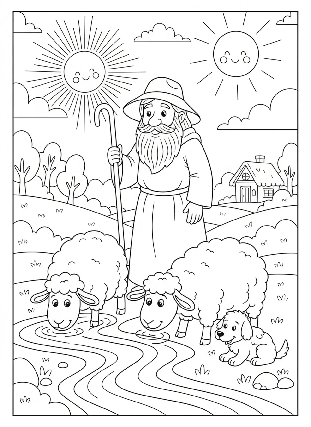 Moutons buvant à un ruisseau, page à colorier du Psaume 23 pour enfants de 5 à 10 ans