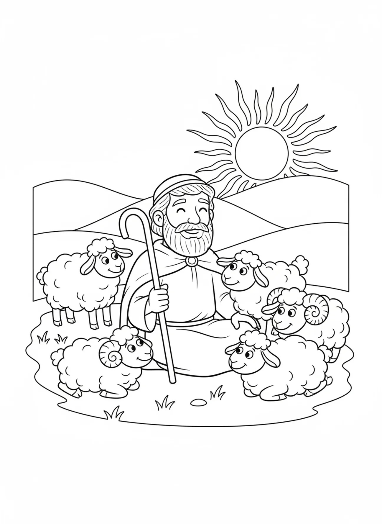 Berger assis dans un pâturage avec des moutons, page à colorier du Psaume 23 pour les enfants de 5 à 10 ans