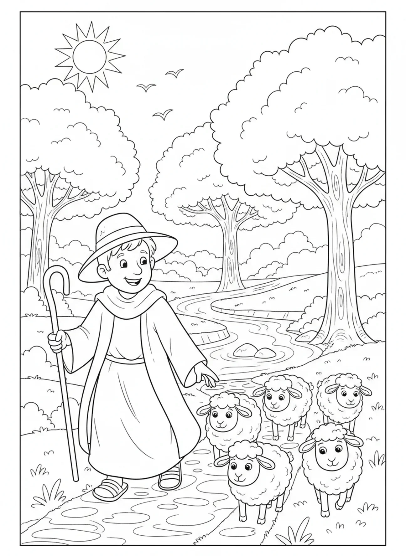 Pasteur marchant sur un chemin avec des moutons, page à colorier du Psaume 23 pour les enfants de 5 à 10 ans