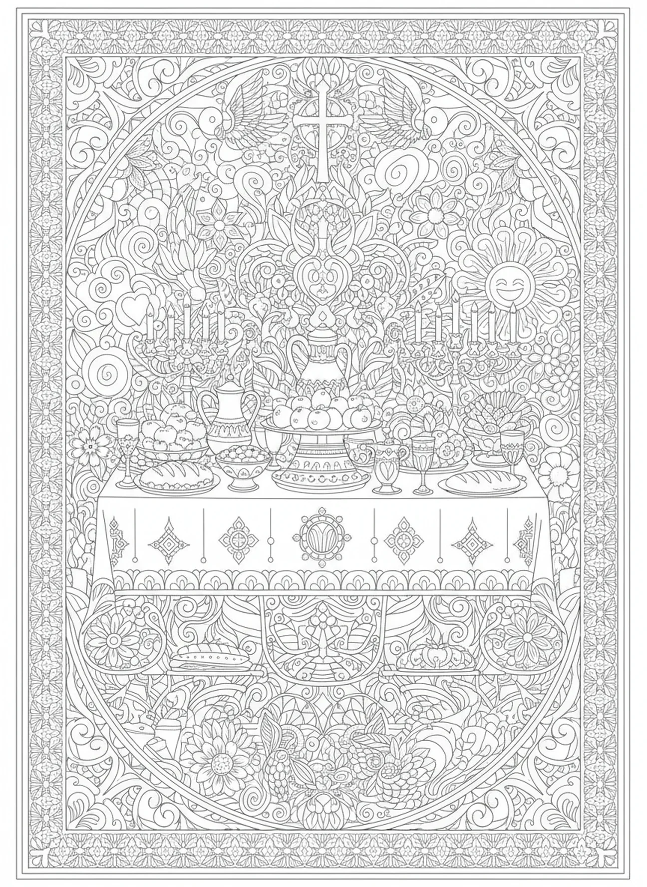 Mesa de banquete na presença, página para colorir Salmo 23 no estilo de journaling bíblico para adultos.