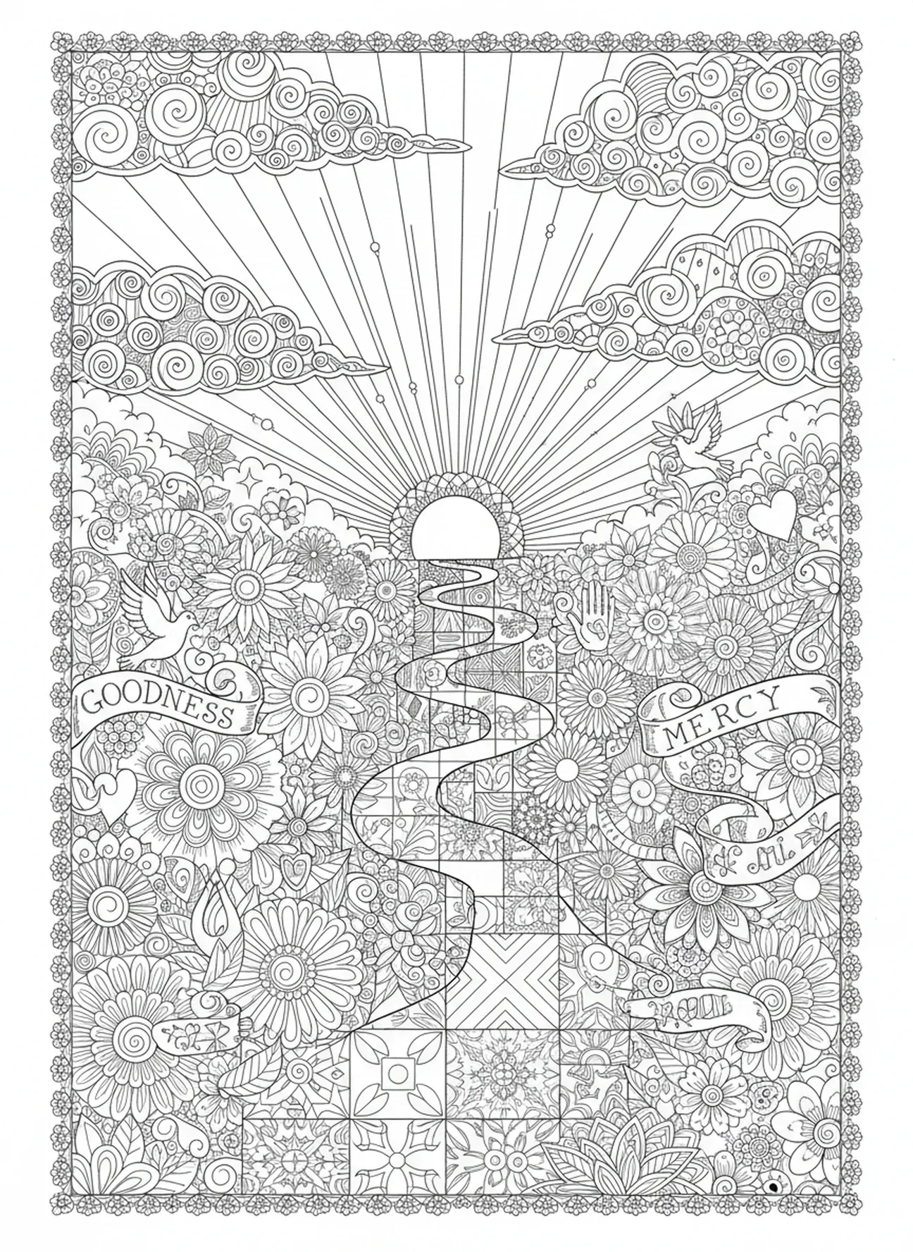 Caminho de bondade e misericórdia, página para colorir do Salmo 23 no estilo de journaling bíblico para adultos.