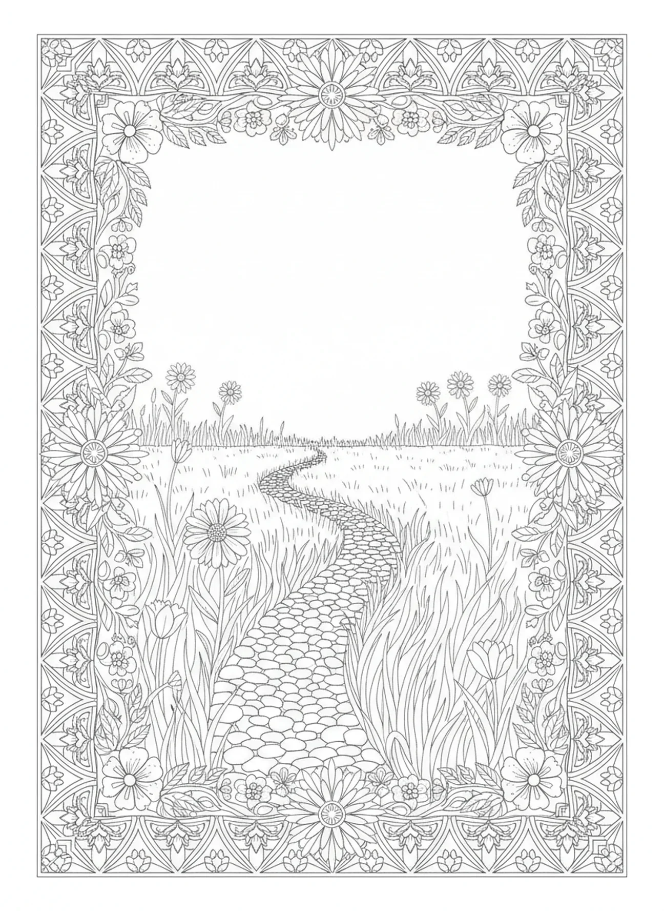 Caminho sinuoso para pastagens, página de colorir Salmo 23 no estilo de journaling bíblico para adultos.