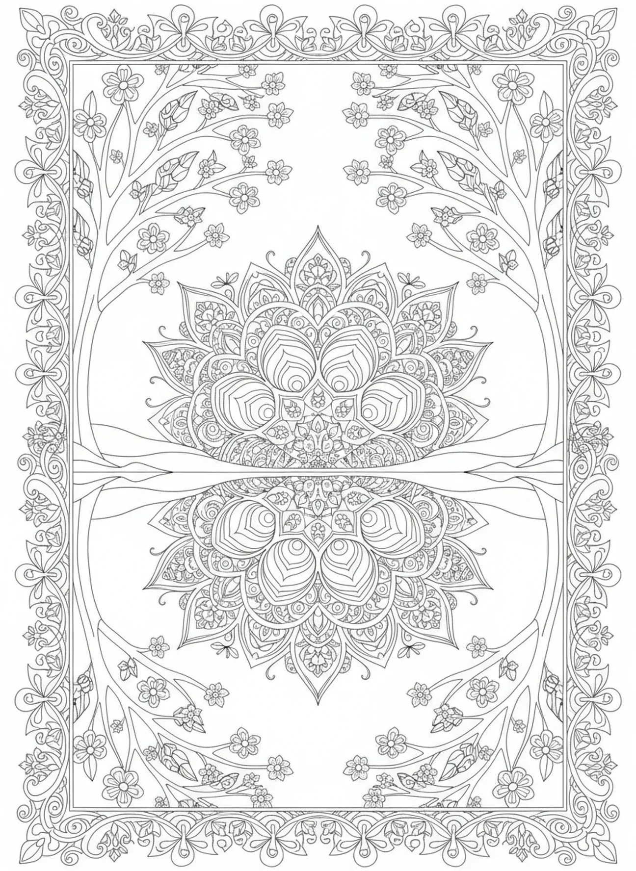 Reflexão em águas tranquilas, página de colorir Salmo 23 para adultos no estilo de journaling bíblico.