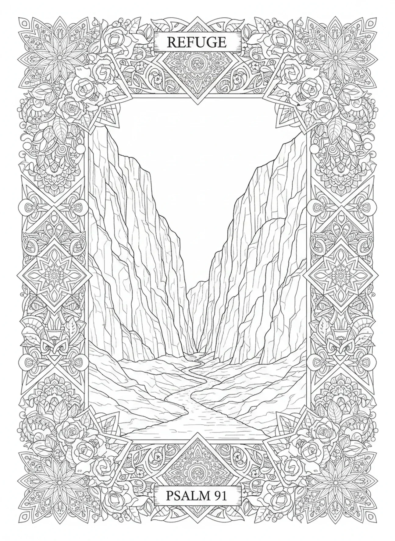 Vale da sombra, página para colorir do Salmo 23 no estilo de journaling bíblico para adultos.
