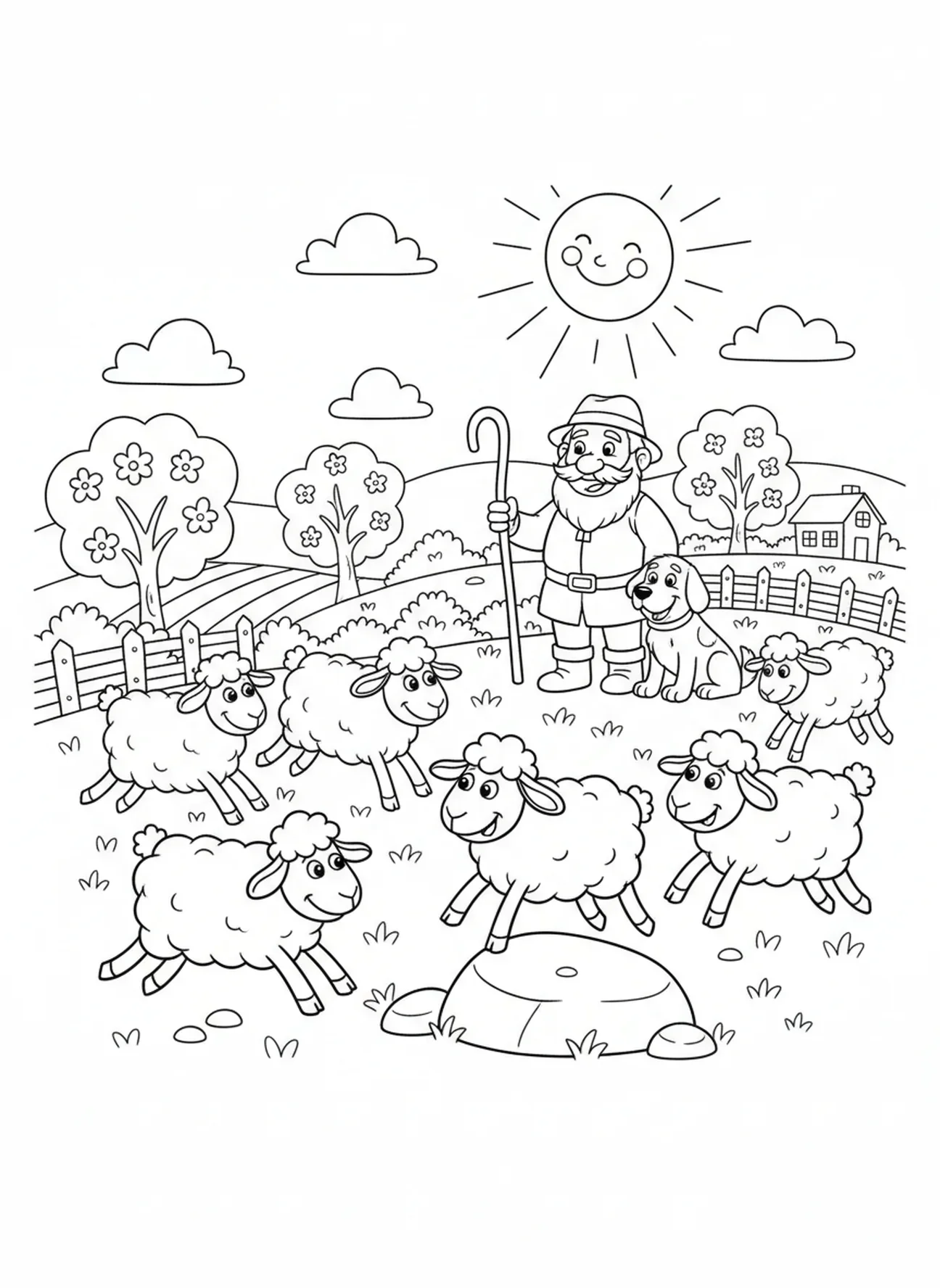 Grupo de ovejas alegres jugando, página para colorear del Salmo 23 para niños de 5 a 10 años