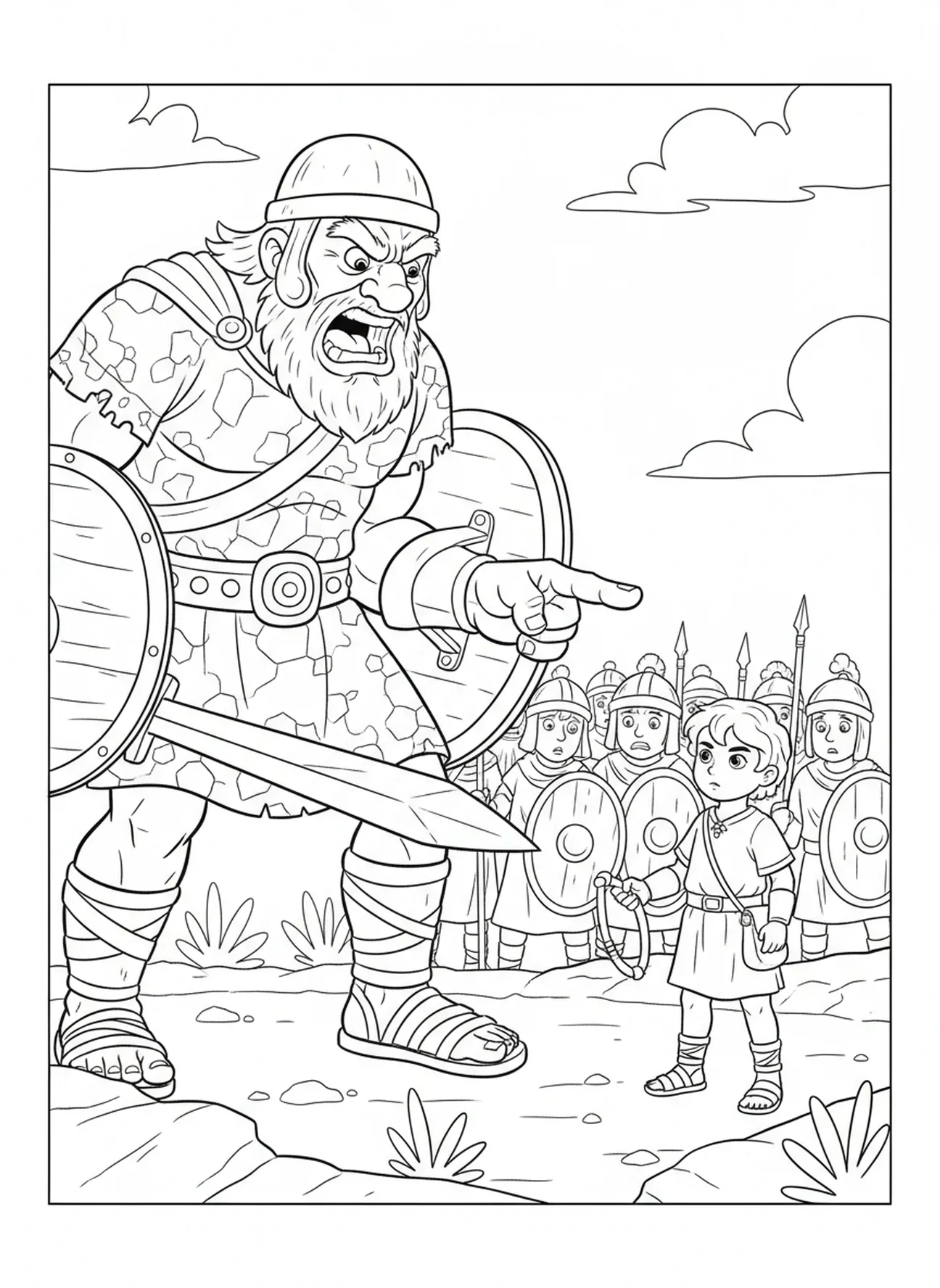 Goliath die schreeuwt, Psalm 27:1 kleurplaat voor kinderen van 5-10 jaar