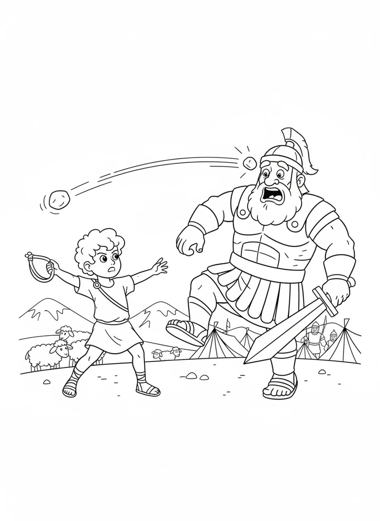 Steen vliegt naar Goliath, Psalm 27:1 kleurplaat voor kinderen van 5-10 jaar