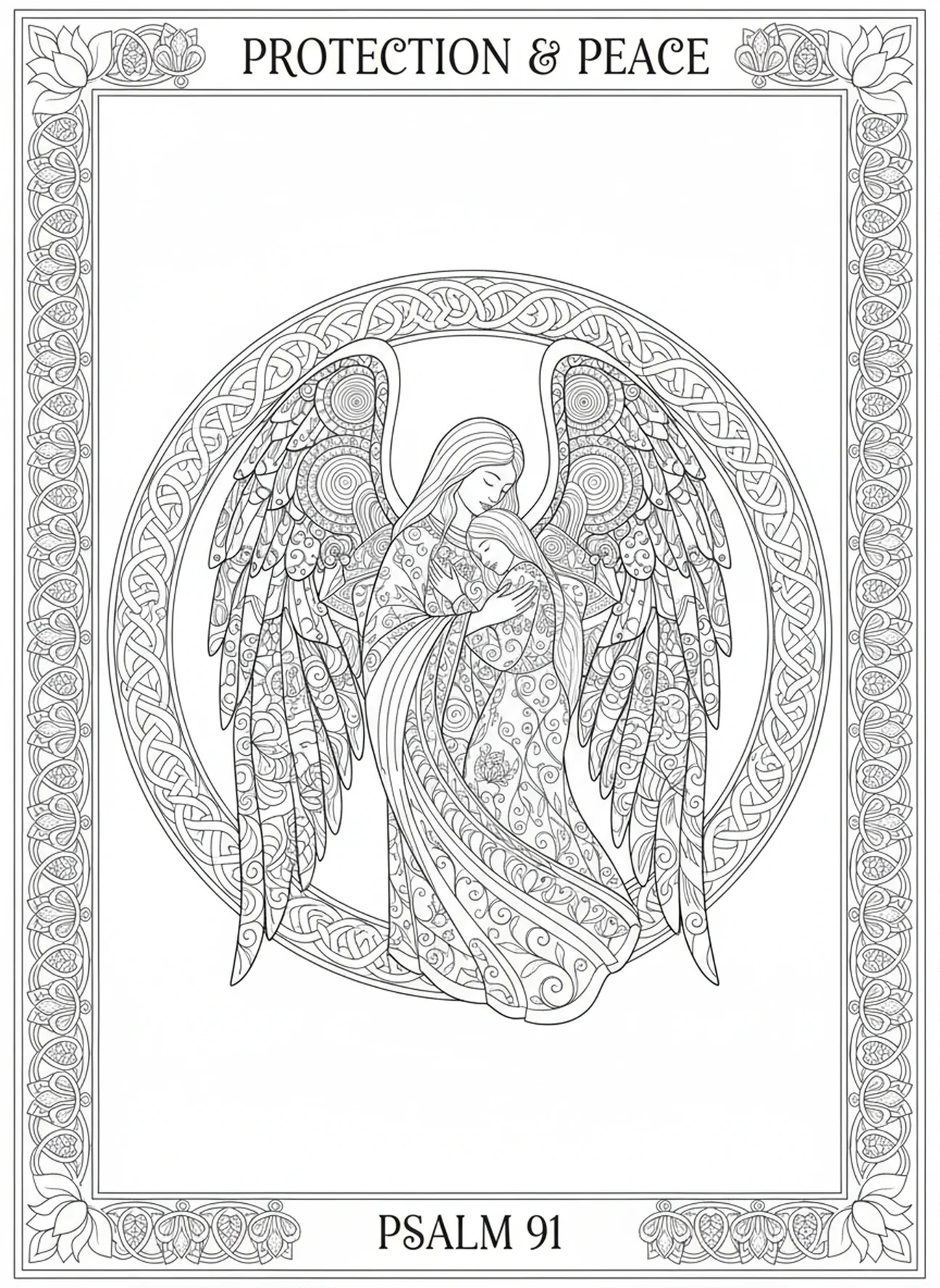 Beschermende figuur met vleugels, Psalm 27 Licht Redding kleurplaat voor volwassenen in Bijbel journaling stijl.