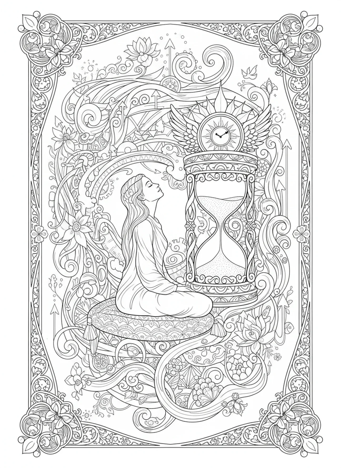 Vredige figuur die wacht, Psalm 27 Licht Verlossing kleurplaat voor volwassenen in Bijbel journaling stijl.