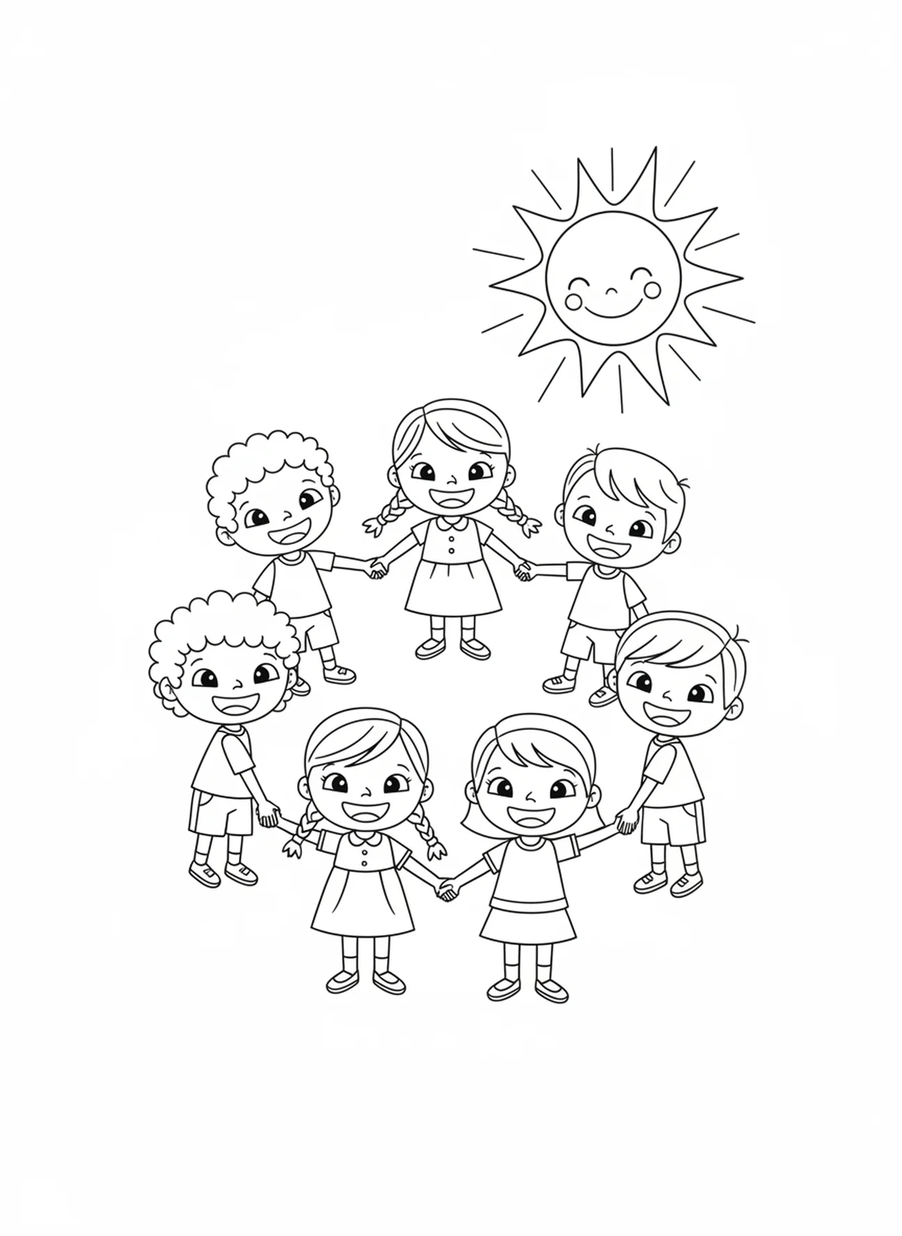 Verschiedene Kinder, die sich an den Händen halten, Psalm 27 Licht Heilung Malvorlage für Kinder im Alter von 5-10 Jahren