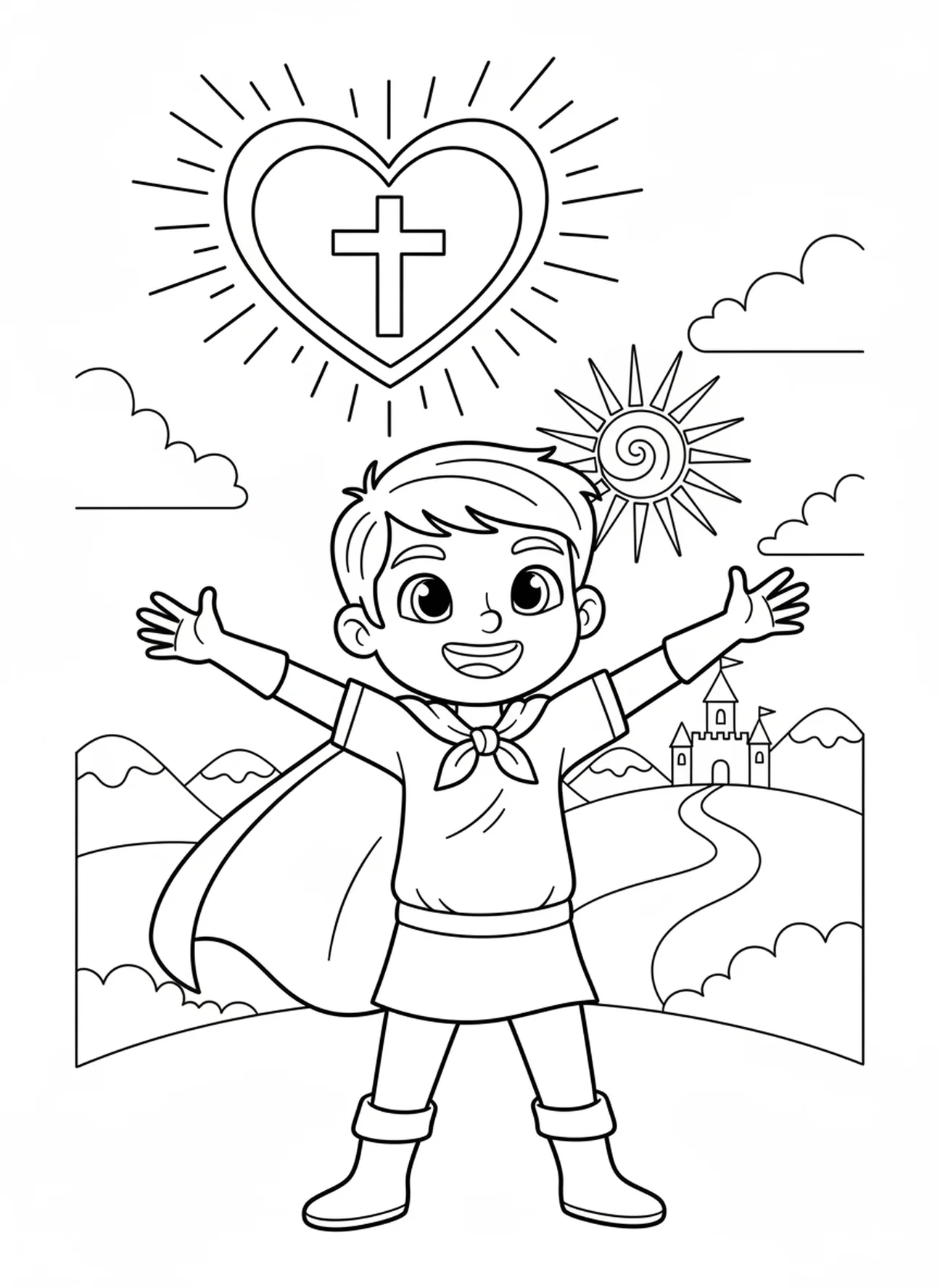 Mutiges Kind mit leuchtendem Herzen, Psalm 27 Licht Heilung Malvorlage für Kinder im Alter von 5-10 Jahren