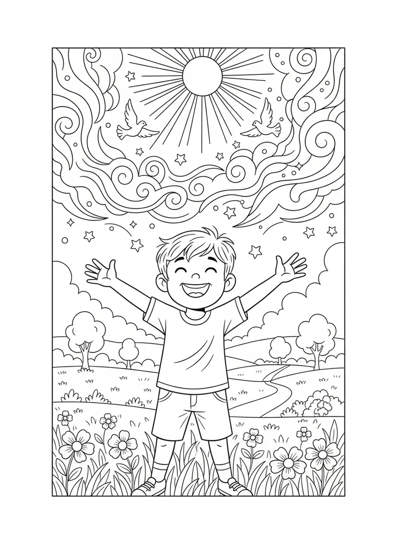 Kind schaut zum hellen Himmel, Psalm 27 Licht Heilung Malvorlage für Kinder im Alter von 5-10 Jahren