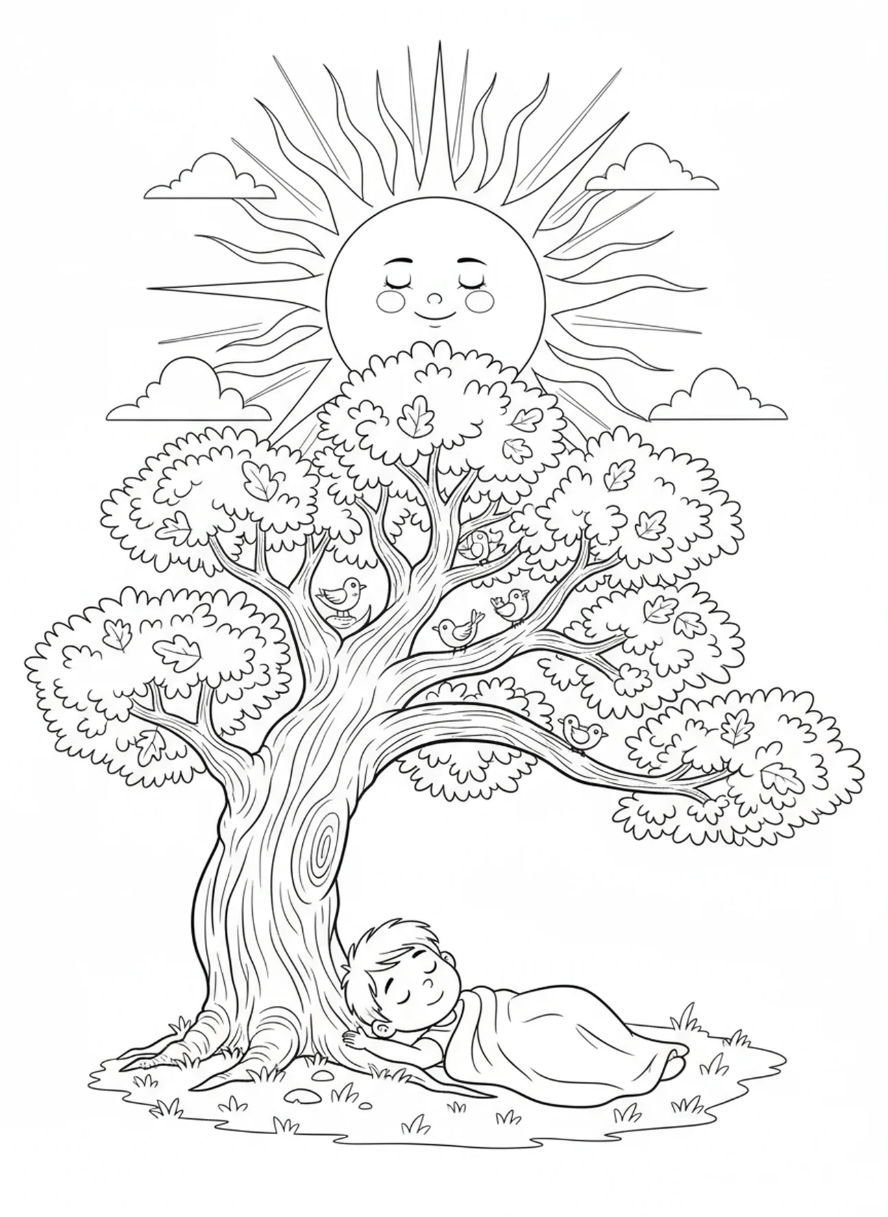 Kind unter schützendem Baum, Psalm 27 Licht Heilung Malvorlage für Kinder im Alter von 5-10 Jahren