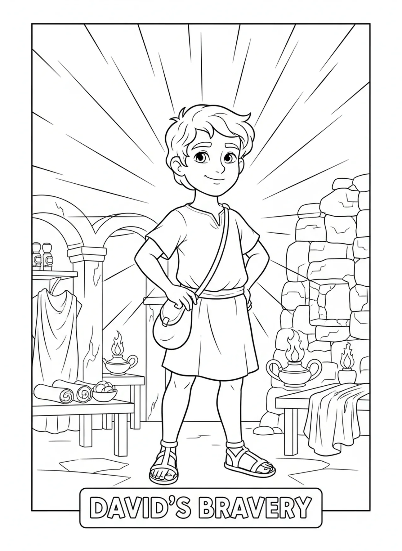 David souriant, page à colorier Psaume 27 Lumière Salut pour les enfants de l'École du dimanche âgés de 5 à 12 ans.