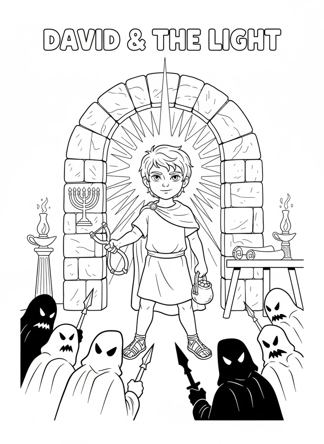 David face à ses ennemis, page à colorier Psaume 27 Lumière Salut pour les enfants de l'École du dimanche âgés de 5 à 12 ans.