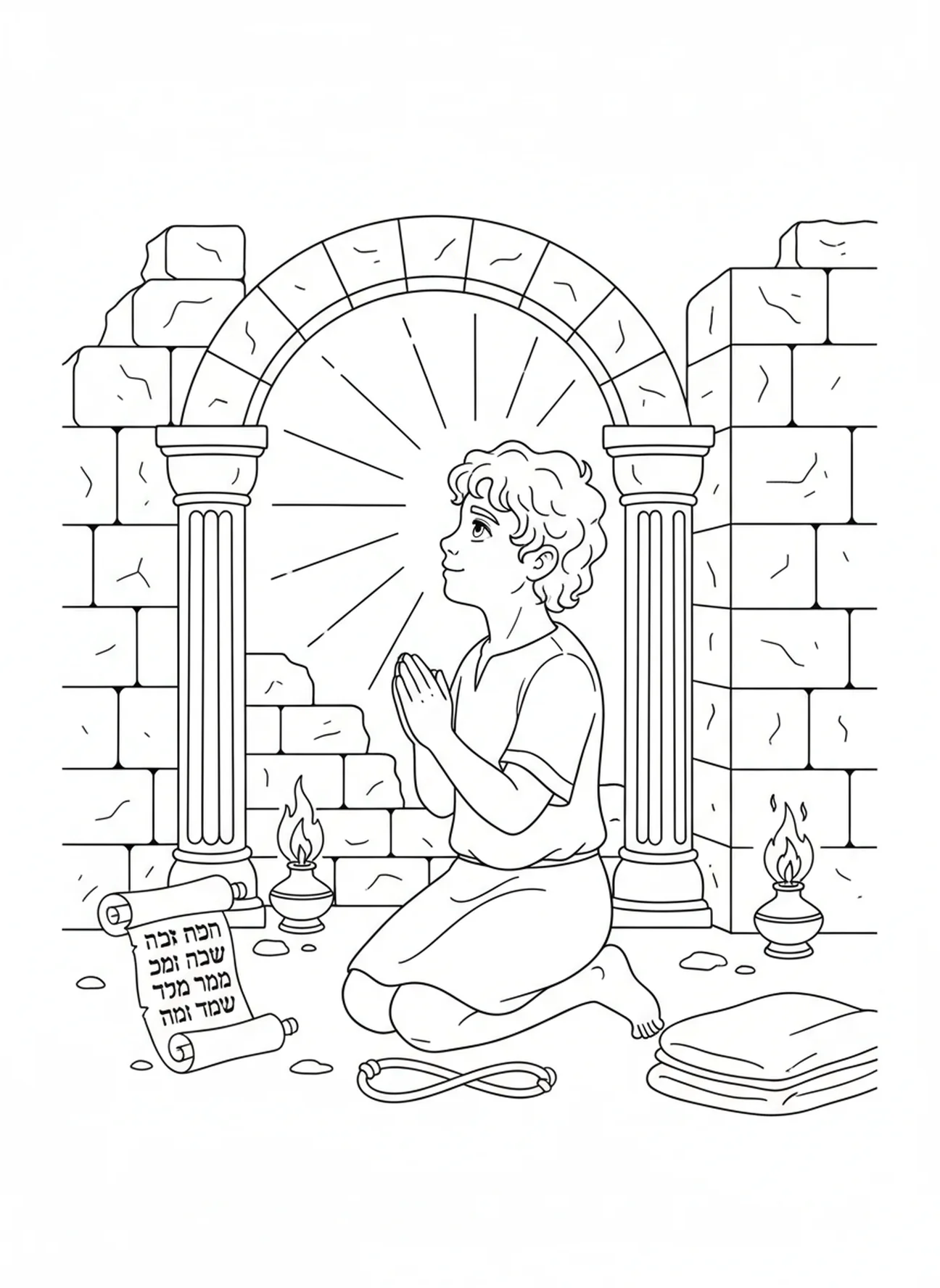 David en prière, page à colorier Psaume 27 Lumière et Salut pour les enfants de l'École du dimanche âgés de 5 à 12 ans.