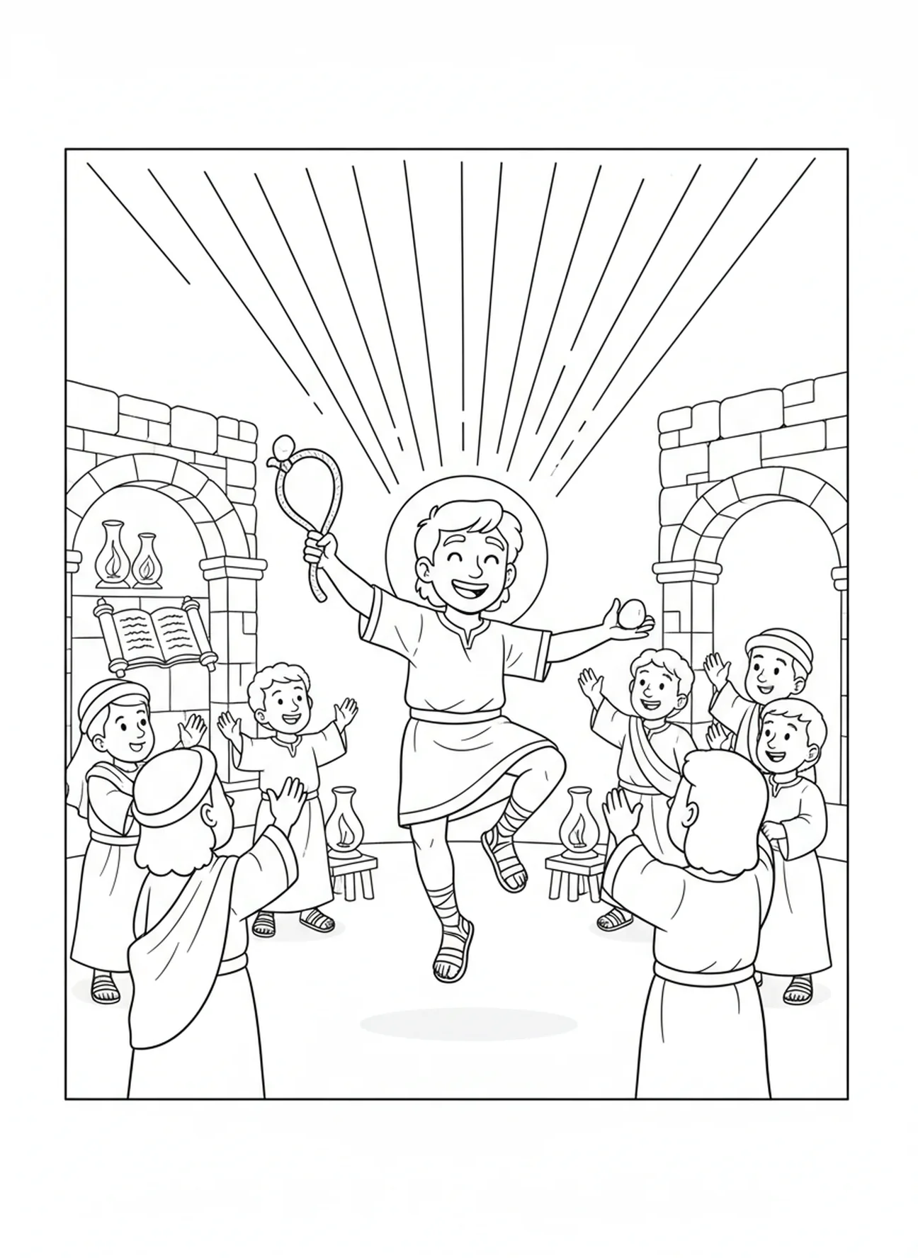 David dansant avec joie, page à colorier Psaume 27 Lumière Salut pour les enfants de l'École du dimanche âgés de 5 à 12 ans.