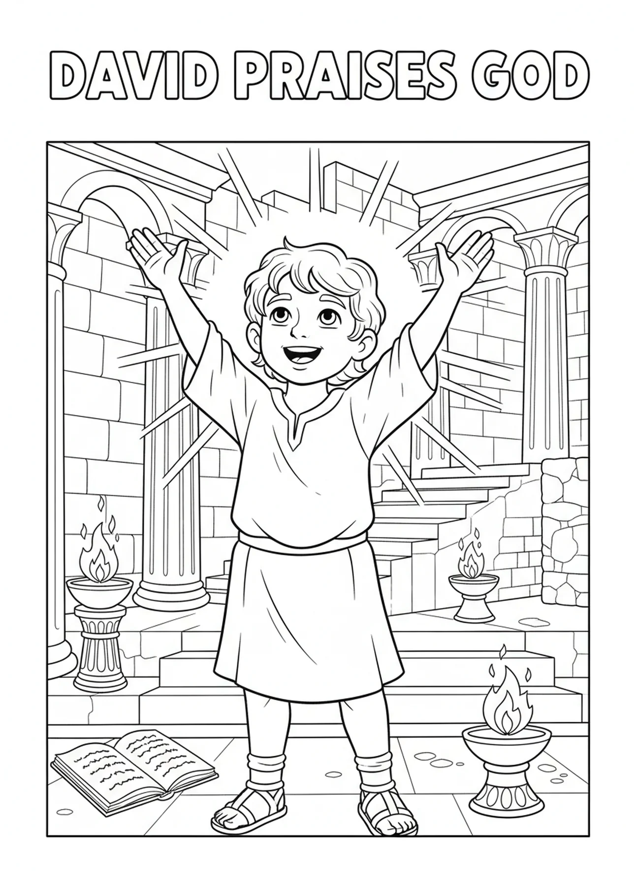 David criant de joie, page à colorier Psaume 27 Lumière du Salut pour les enfants de l'École du dimanche âgés de 5 à 12 ans.