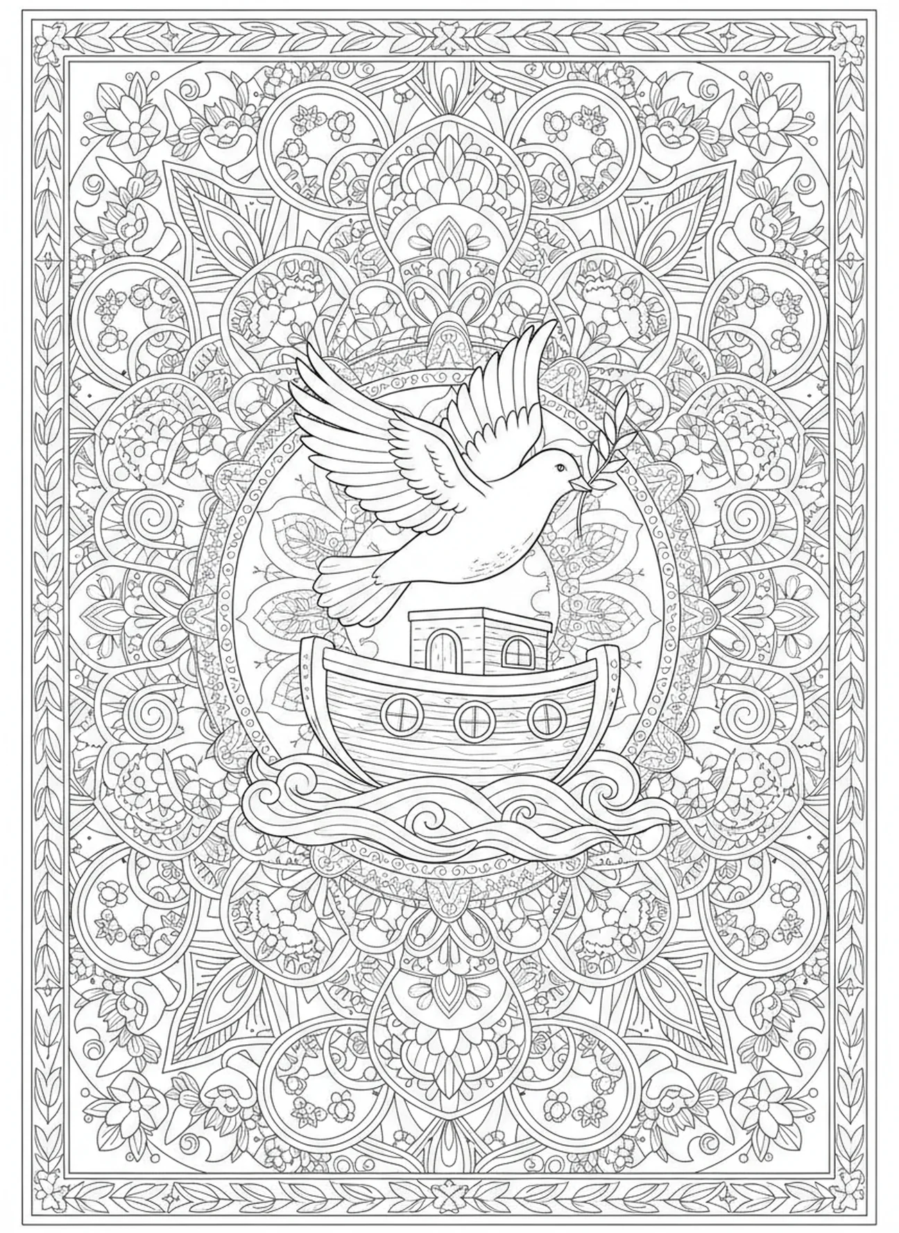 Pomba serena com ramo de oliveira, página para colorir Salmo 34:8 no estilo de journaling bíblico para adultos