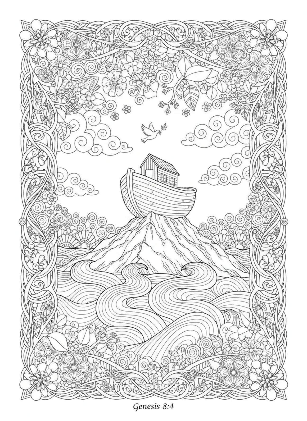 Arca no topo da montanha, Salmo 34:8 página para colorir no estilo de journaling bíblico para adultos
