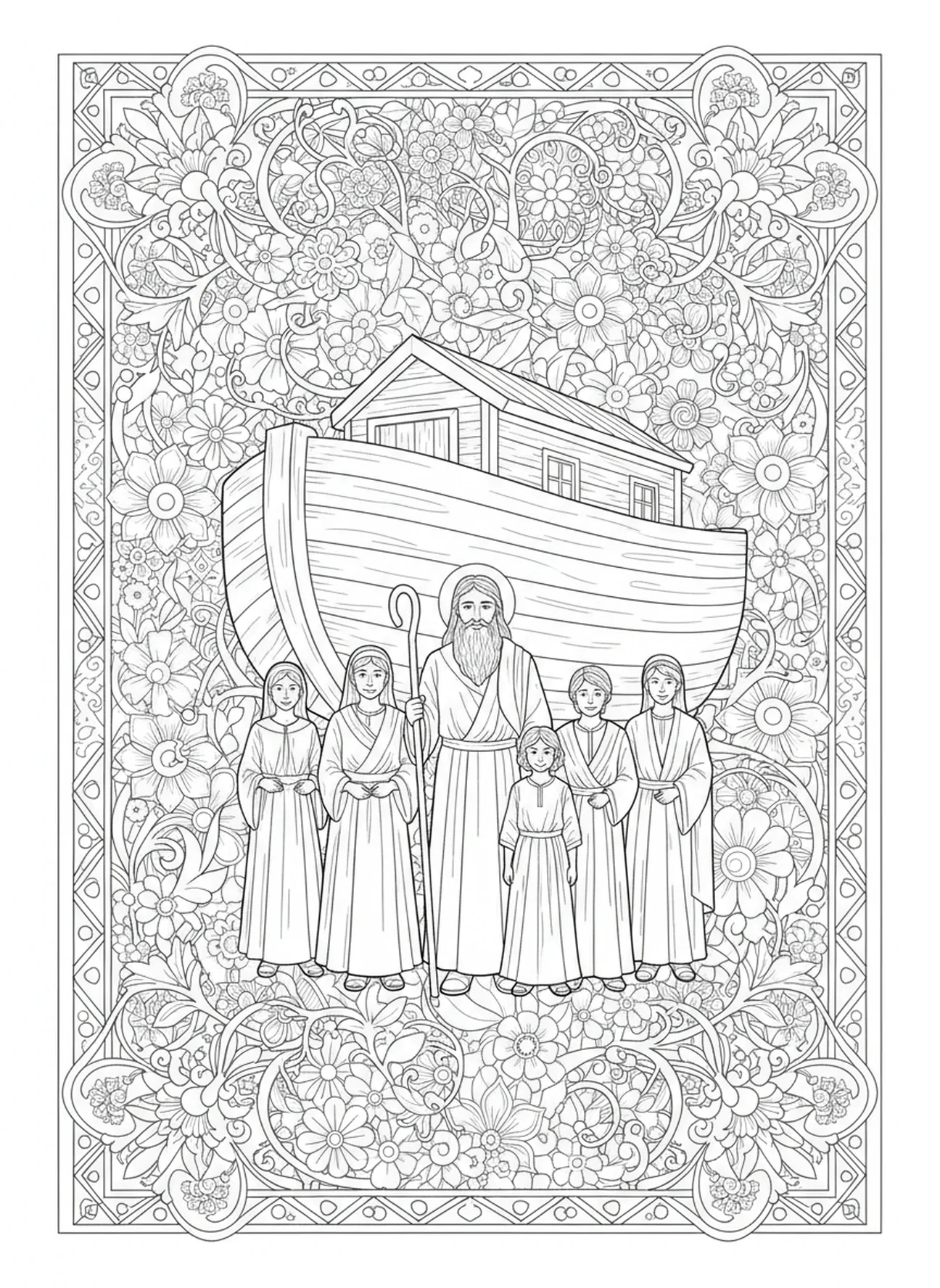 Noé com a família, página de colorir Salmo 34:8 para adultos no estilo de diário bíblico