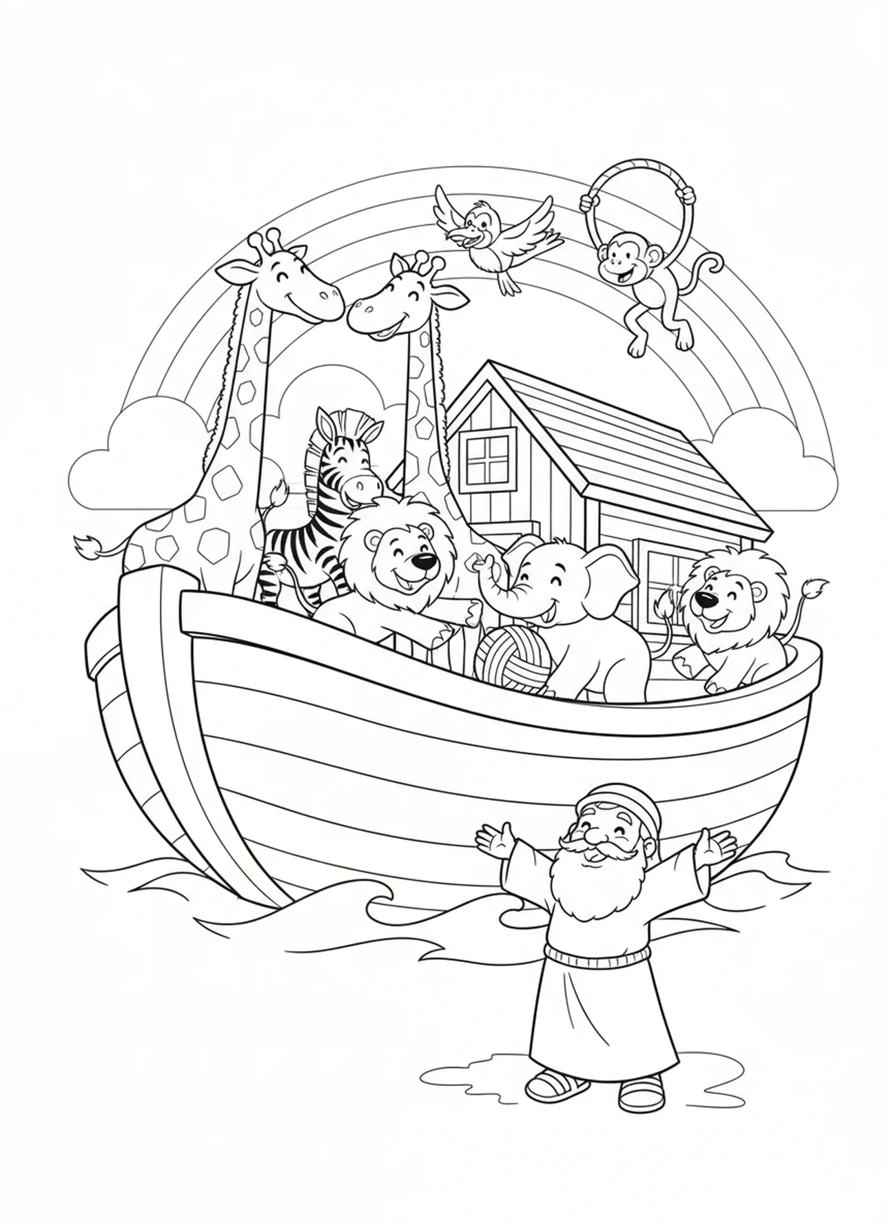Animaux jouant sur l'arche, page à colorier Psaume 34:8 pour les enfants de 5 à 10 ans