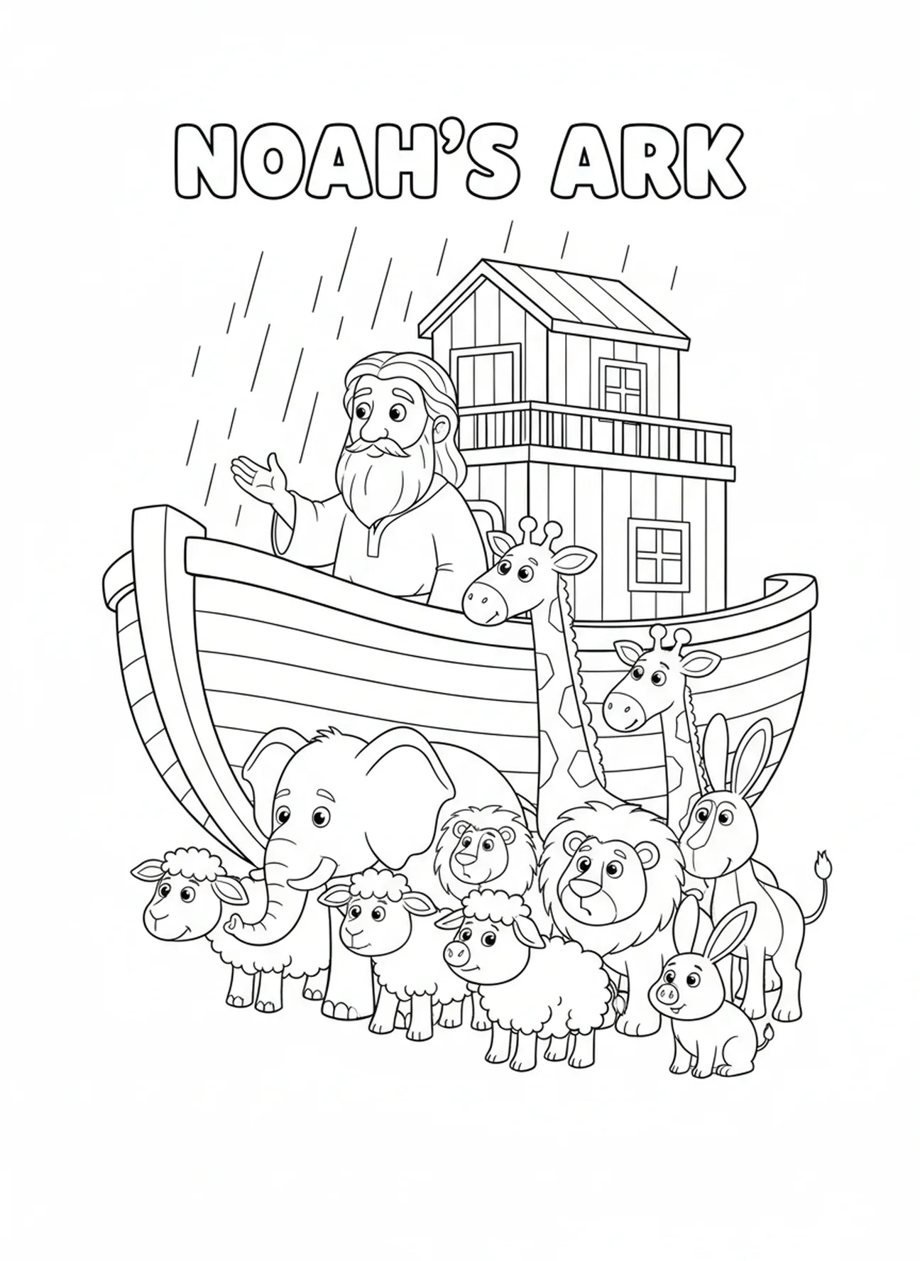 Noé regardant la pluie, page à colorier Psaume 34:8 pour enfants de 5 à 10 ans