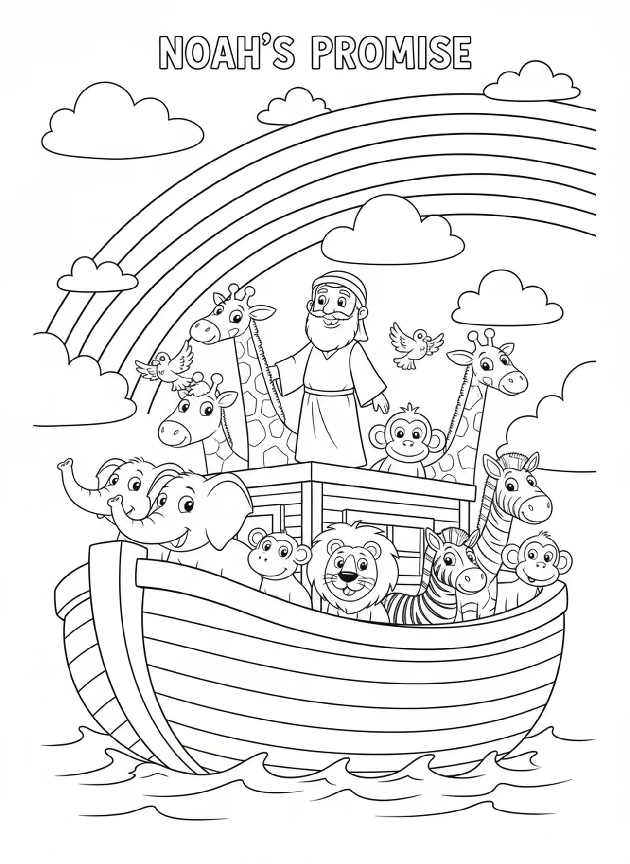 Noé et l'arc-en-ciel, page à colorier Psaume 34:8 pour les enfants de 5 à 10 ans