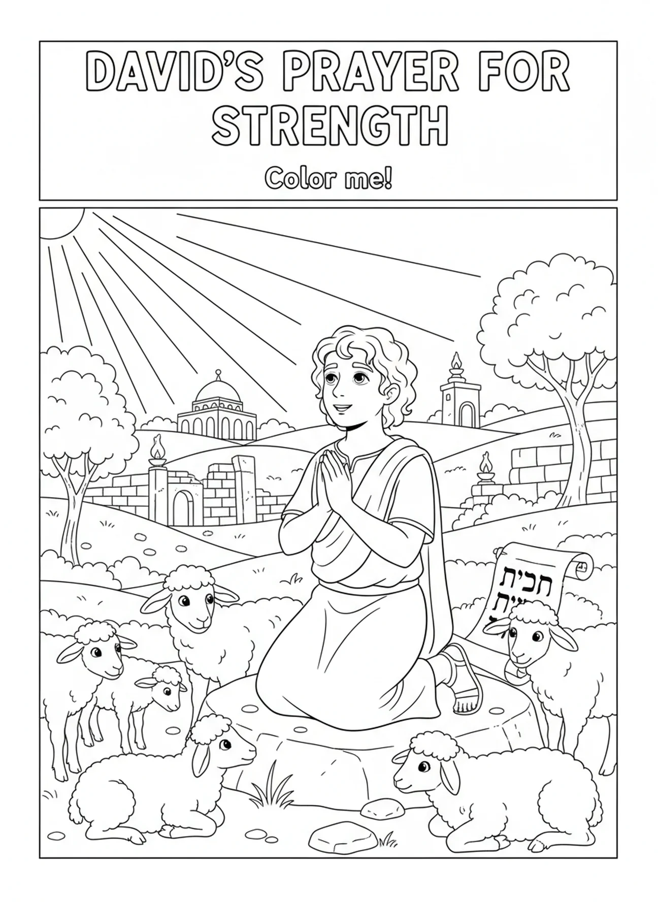 Davi orando por força, página para colorir do Salmo 34:8 para crianças da Escola Dominical de 5 a 12 anos.
