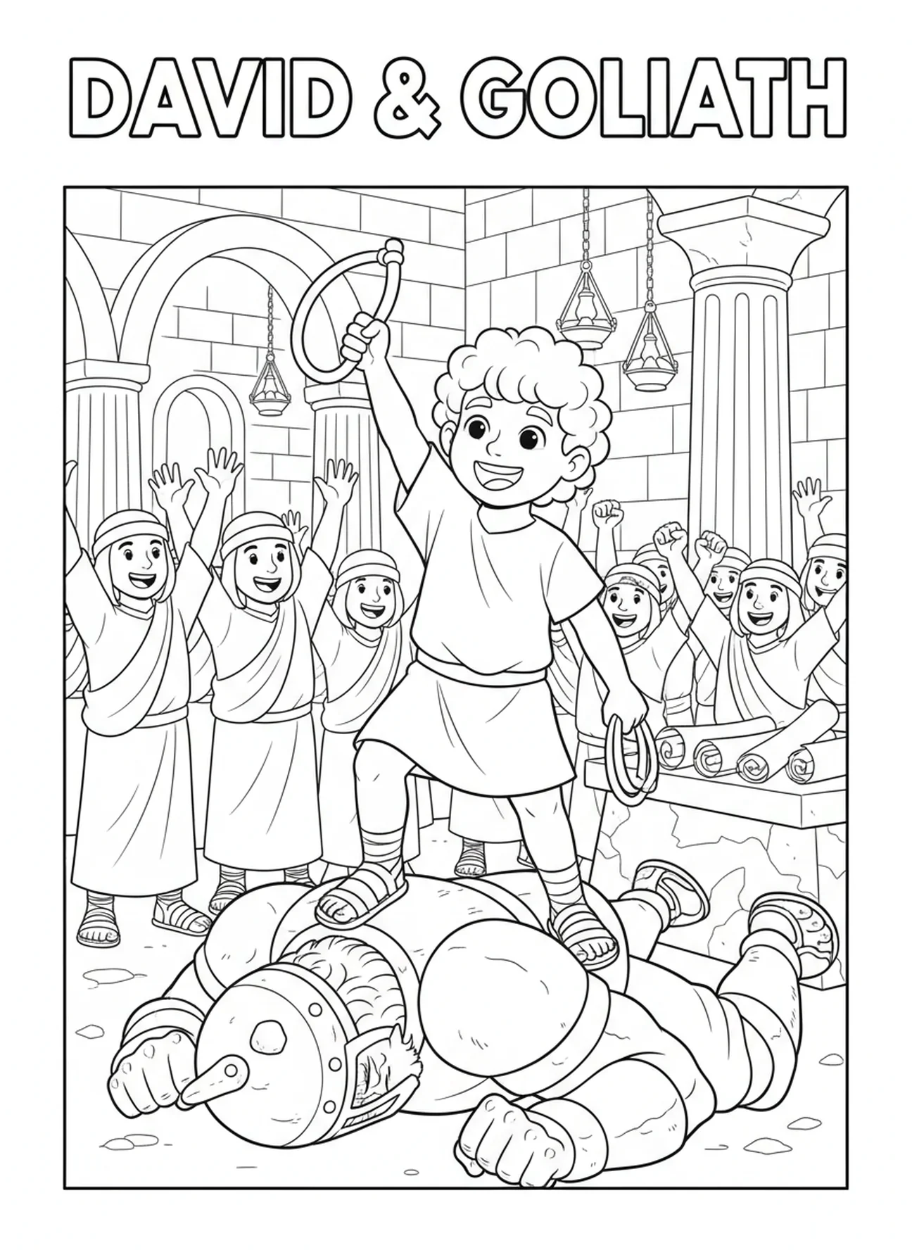 Davi vitorioso sobre Golias, página para colorir Salmo 34:8 para crianças da Escola Dominical de 5 a 12 anos.