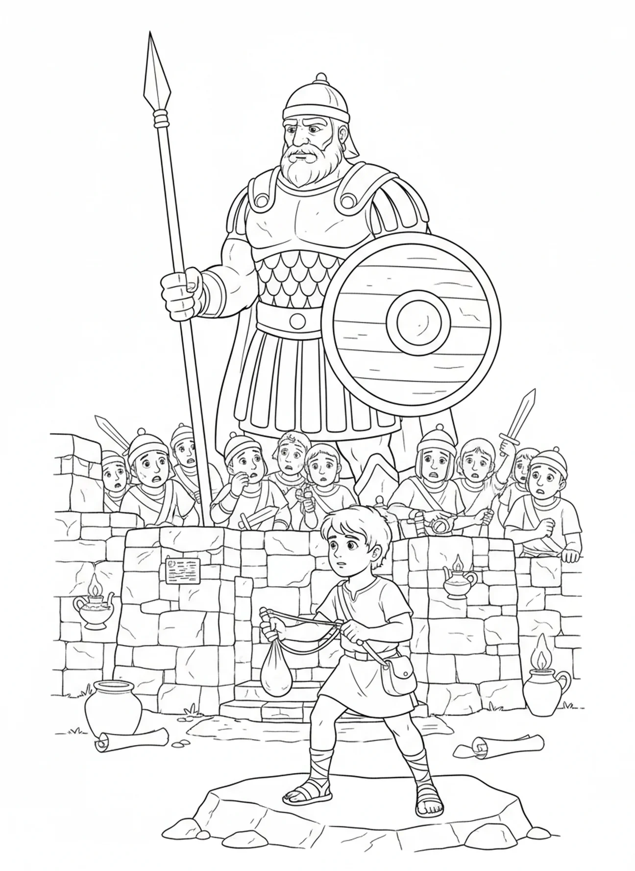 Golias desafiando soldados, página para colorir Salmo 34:8 para crianças da Escola Dominical de 5 a 12 anos.