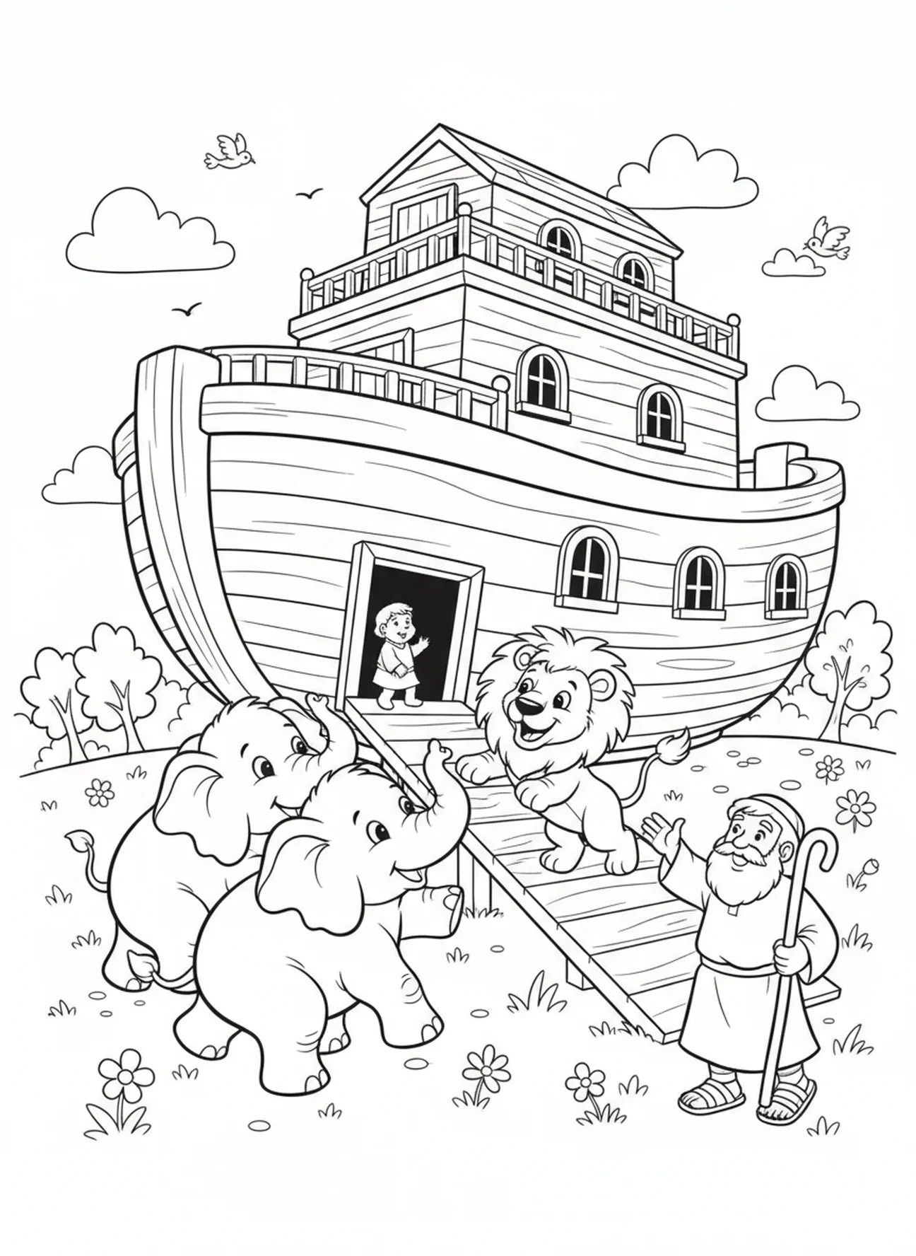 Paire d'éléphants et un lion, page à colorier Psaume 37:4 pour enfants de 5 à 10 ans