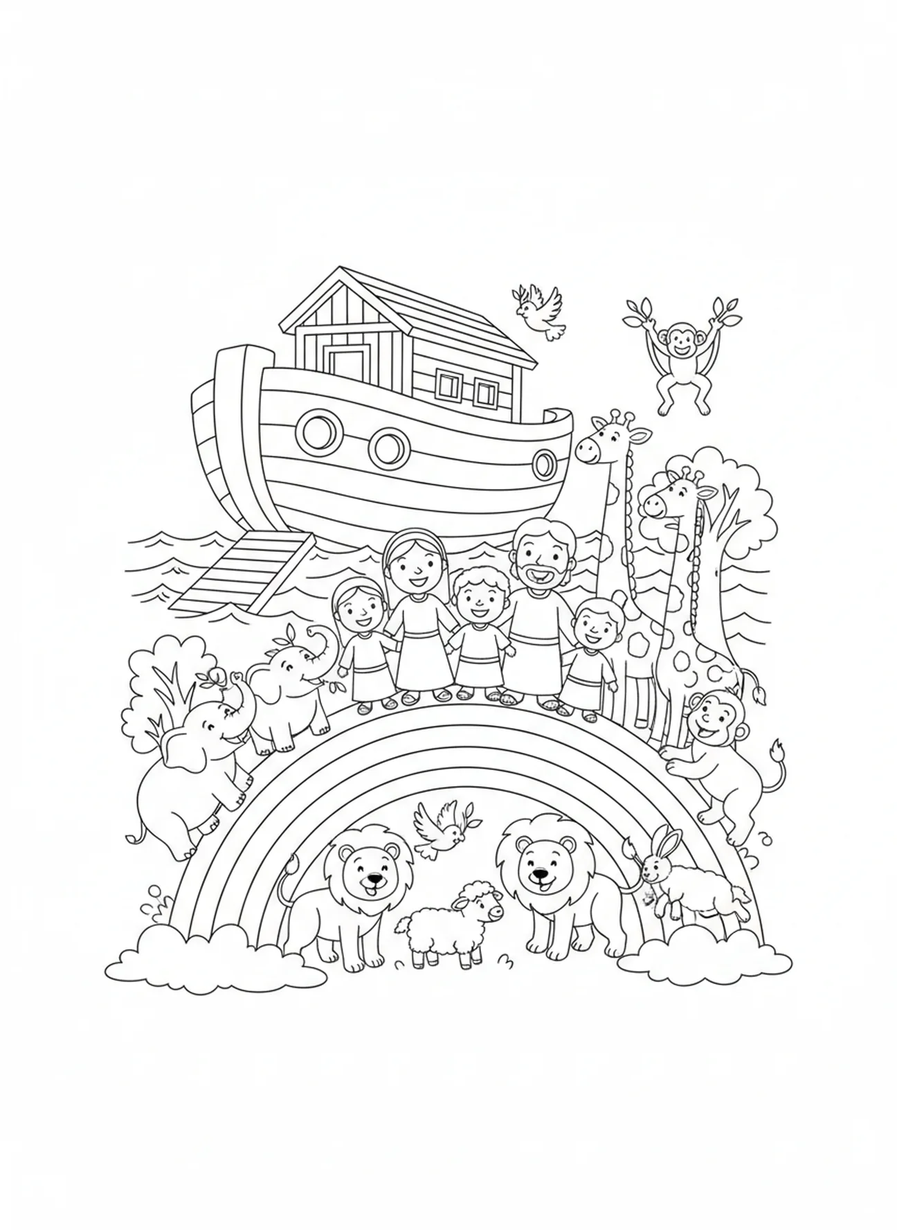 Noé et sa famille au bout de l'arc-en-ciel, page à colorier Psaume 37:4 pour les enfants de 5 à 10 ans